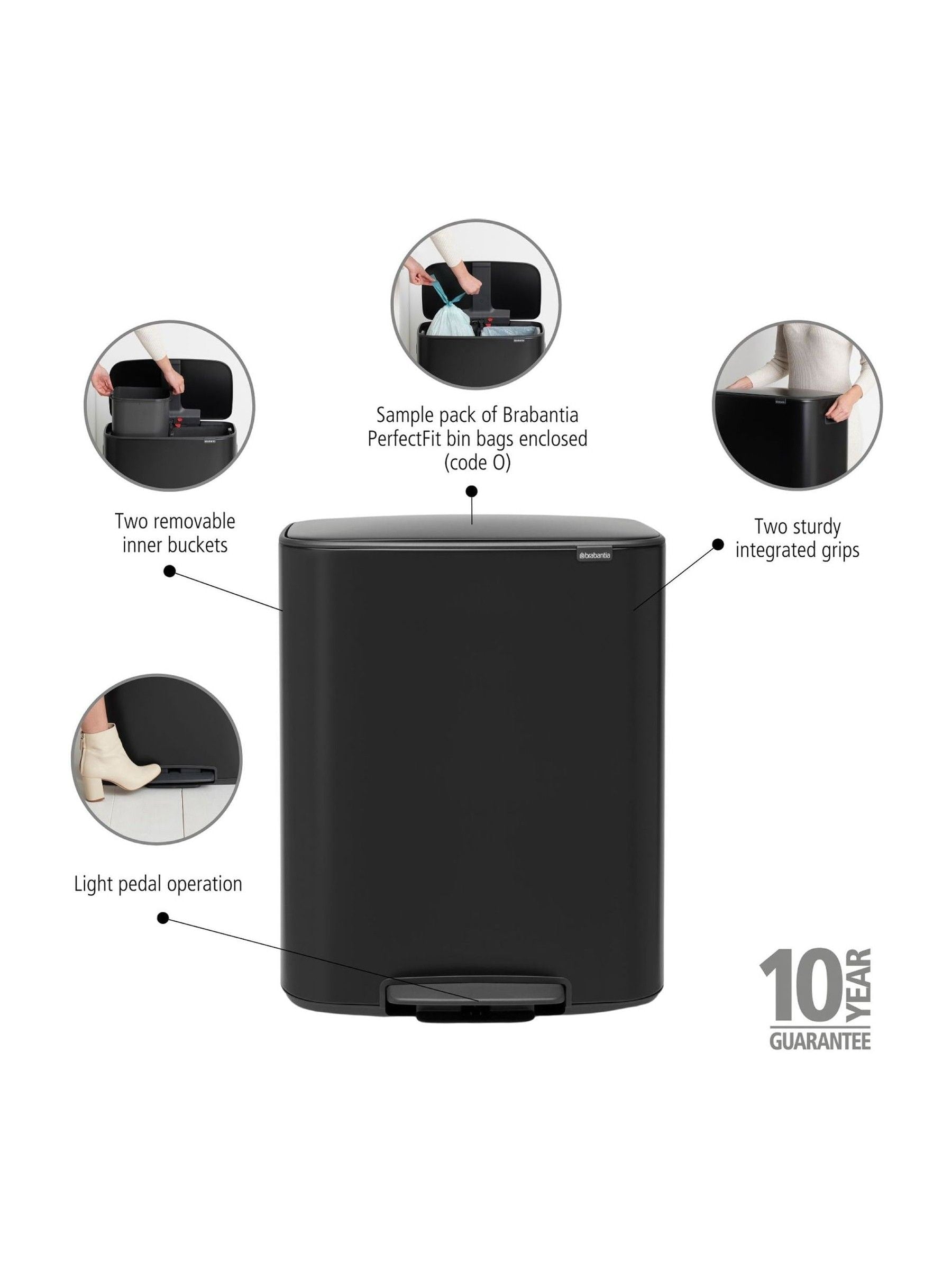 Brabantia pedal bin Matt Black 2x30L, imported from the UK