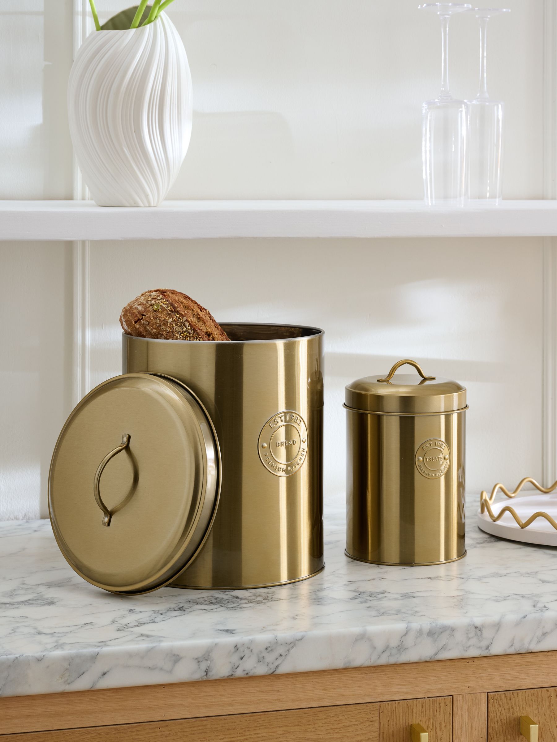 Gold badge bread bin and biscuit tin set, UK version