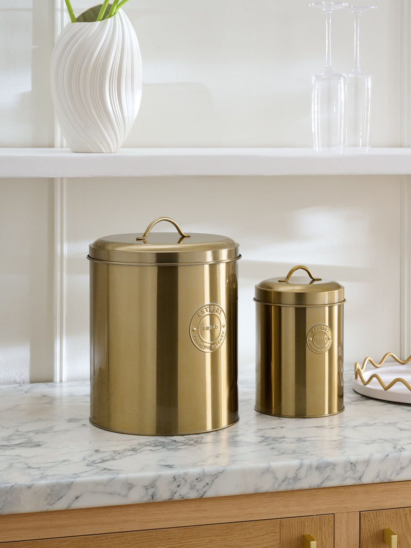 Gold badge bread bin and biscuit tin set, UK version