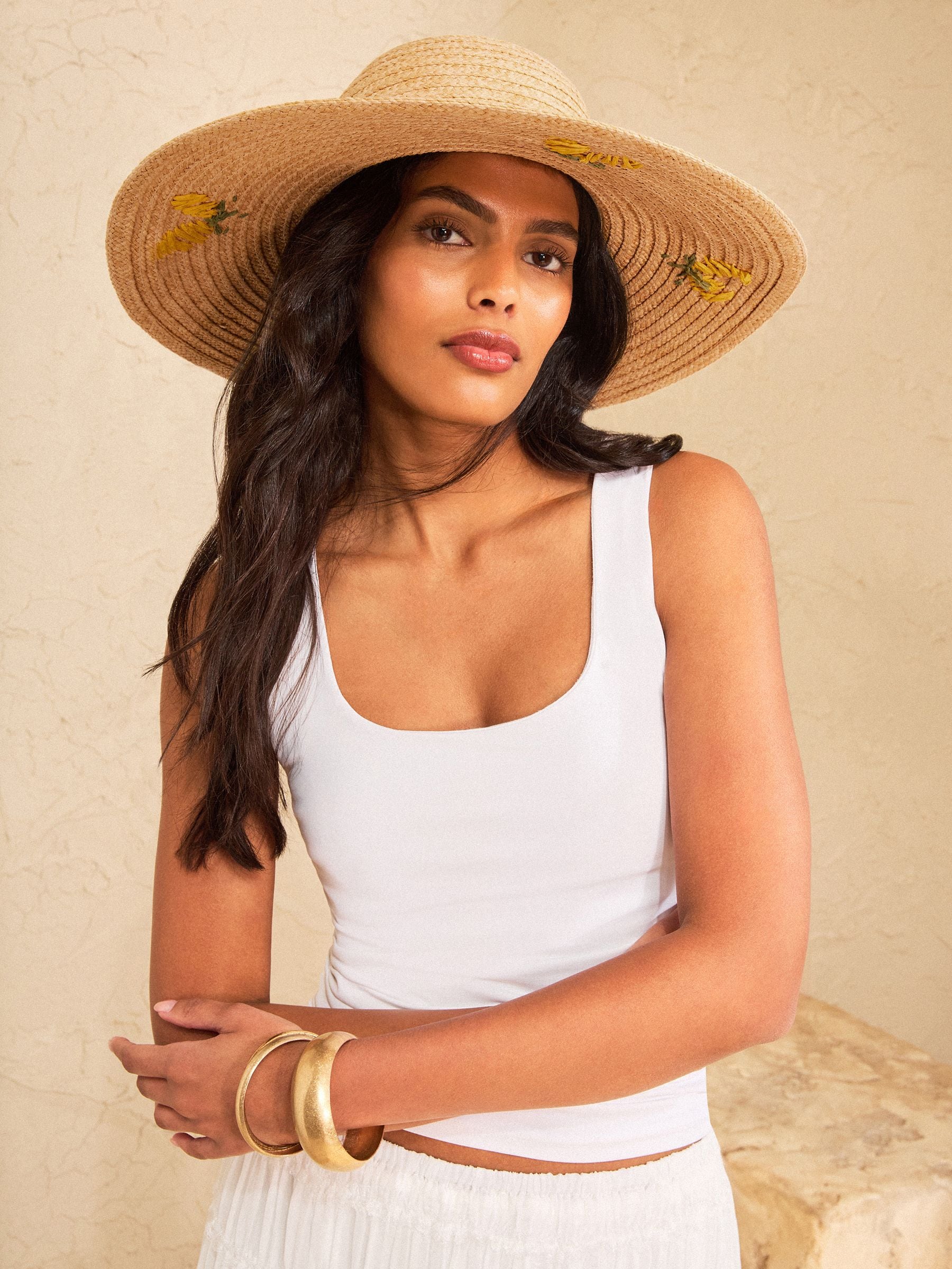 Love & Roses natural lemon embroidered floppy hat, UK version