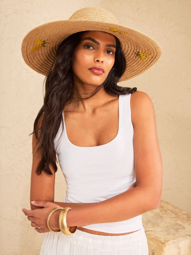 Love & Roses natural lemon embroidered floppy hat, UK version