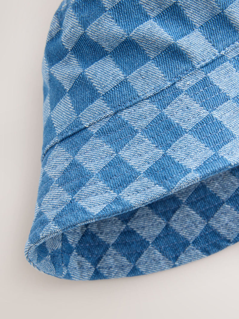 Blue denim checkerboard bucket hat for children (British brand)
