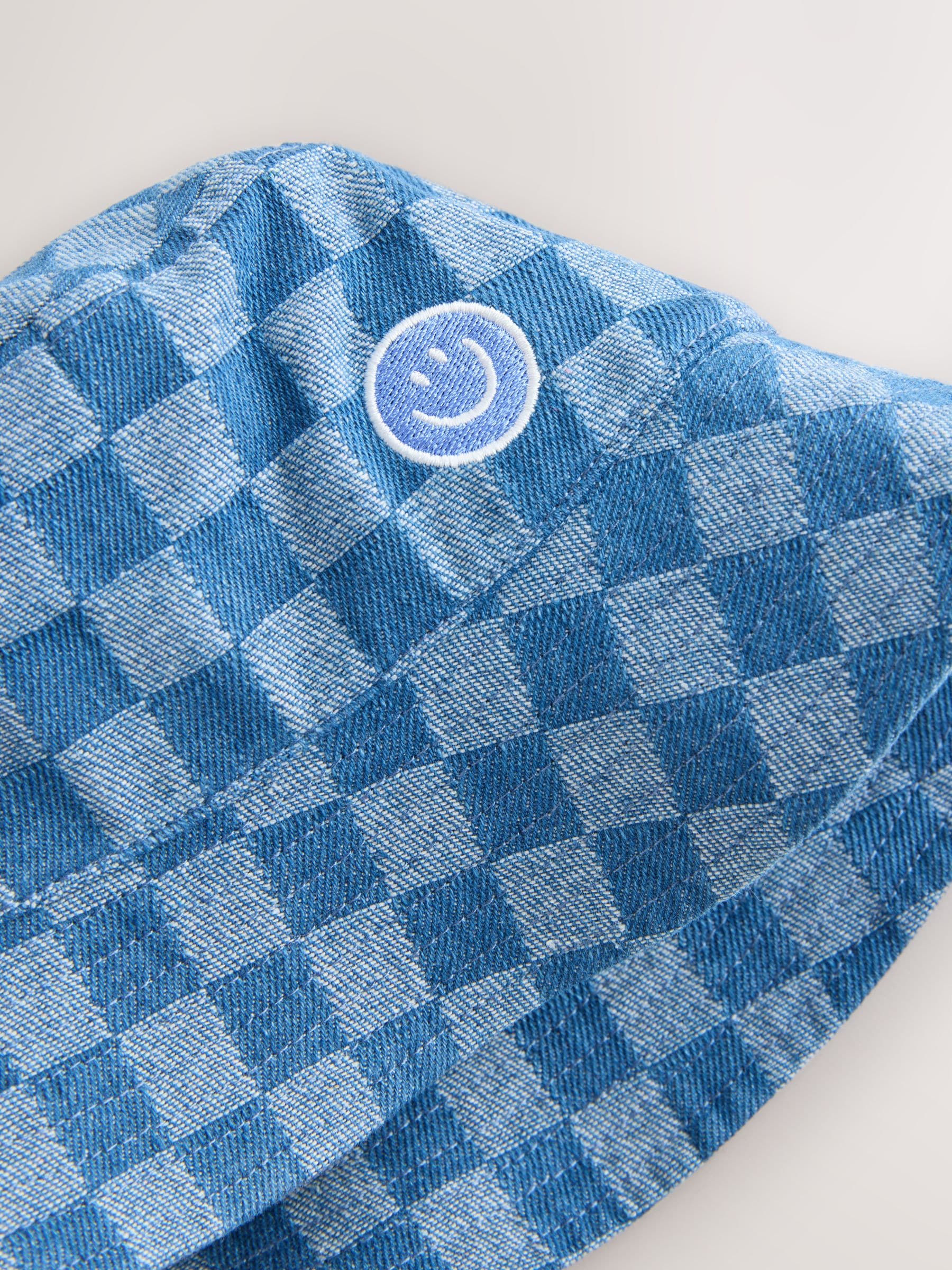 Blue denim checkerboard bucket hat for children (British brand)