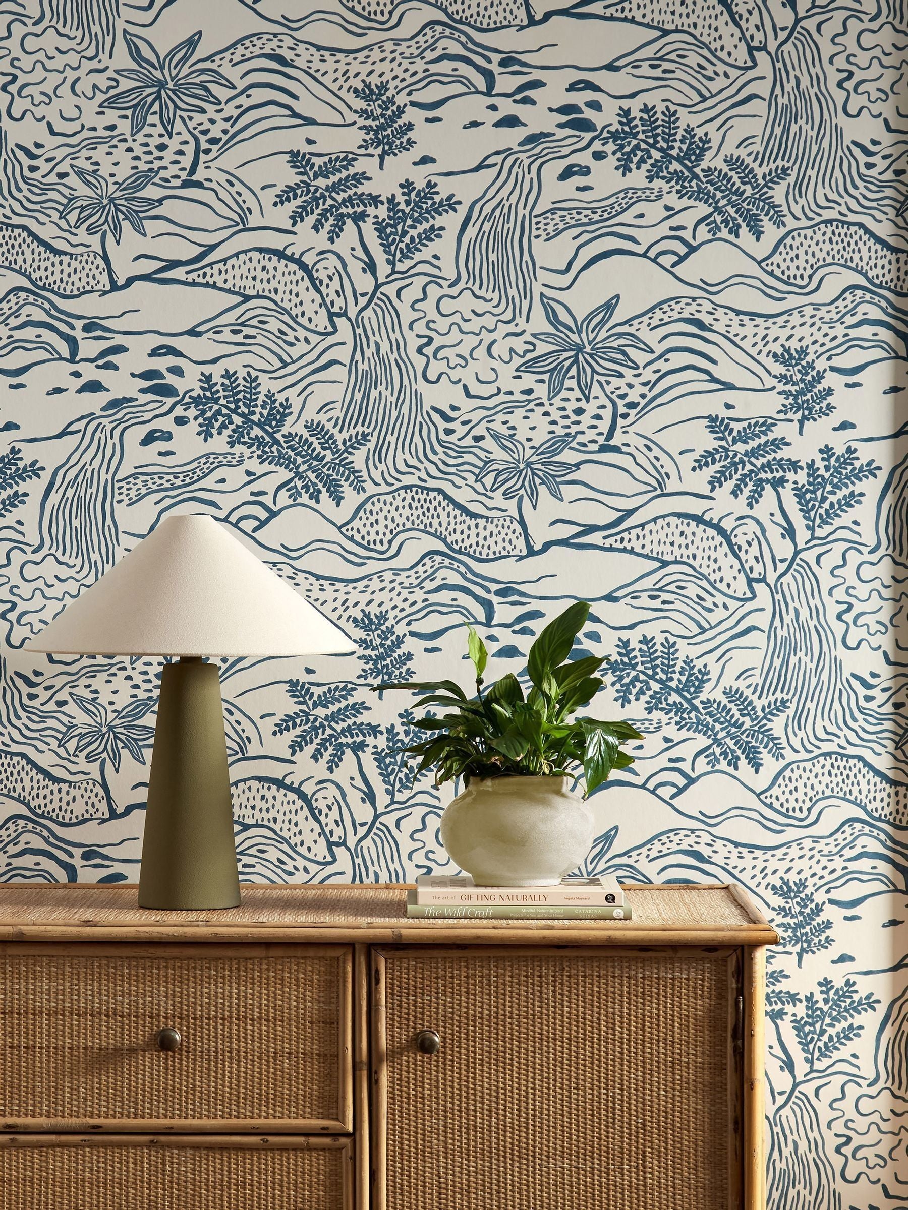 Scion Blue Falling Foss wallpaper mural landscape design (British brand)