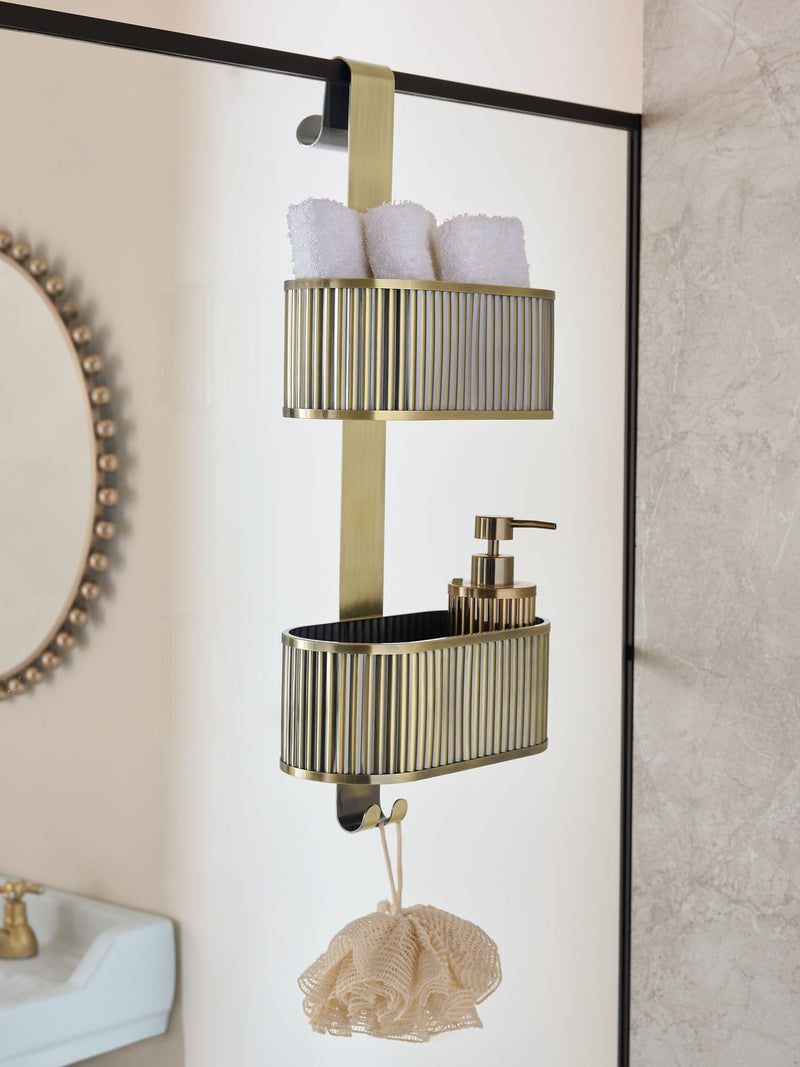 Gold ribbed shower caddy made from iron, imported from the UK