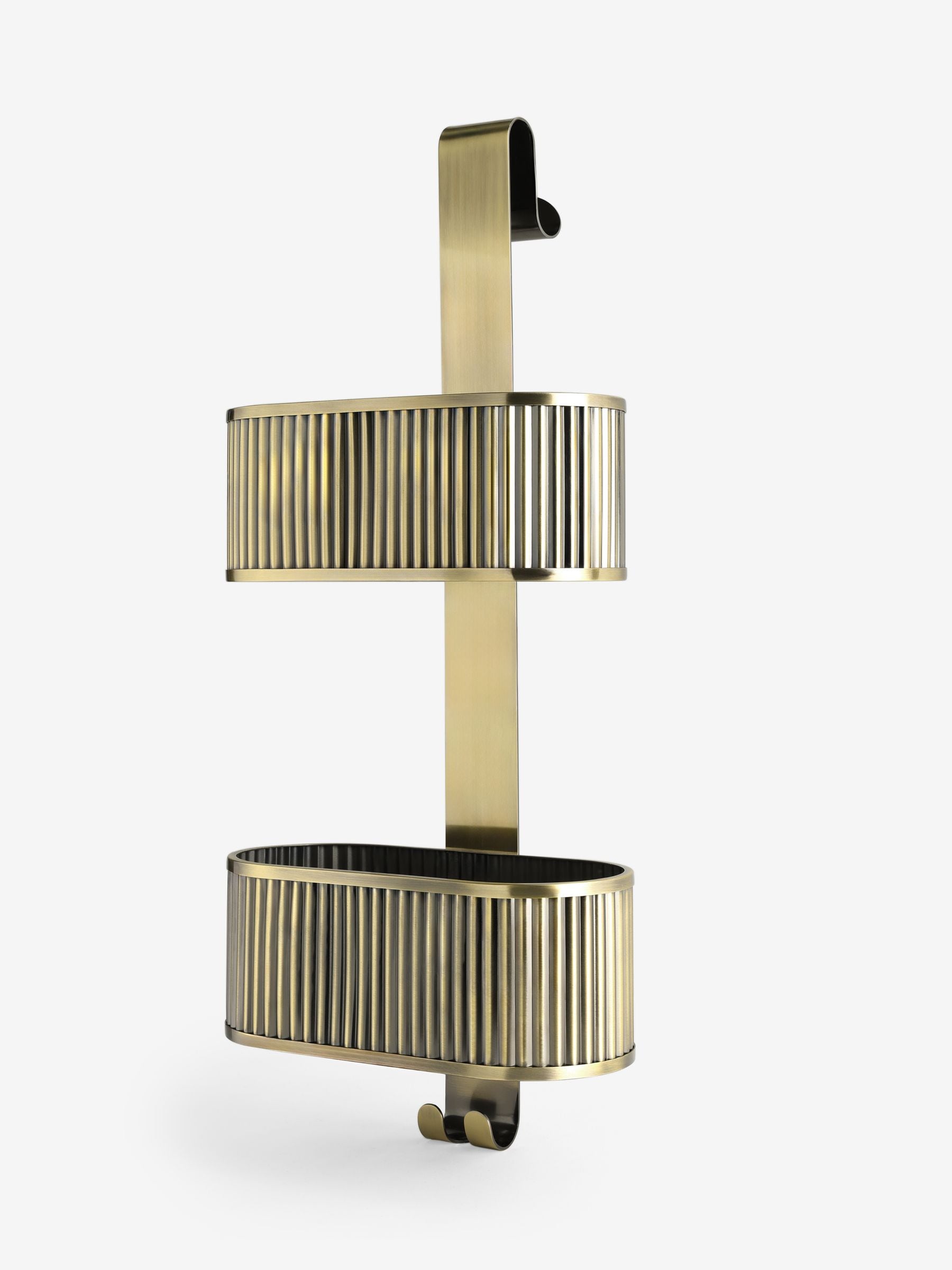 Gold ribbed shower caddy made from iron, imported from the UK