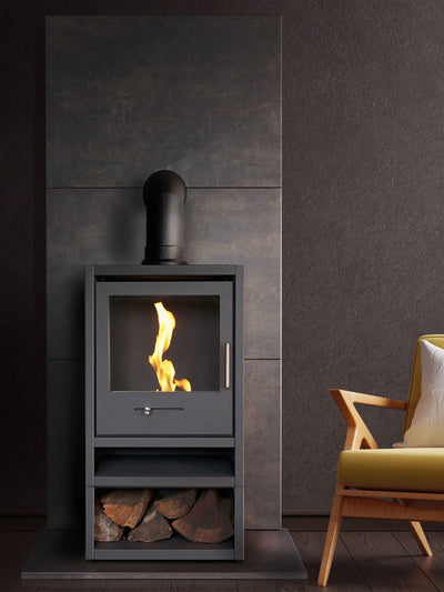 Next OKO Charcoal Grey S1 Bio Ethanol Stove Fireplace with Log Storage- Buy online at McGrocer
