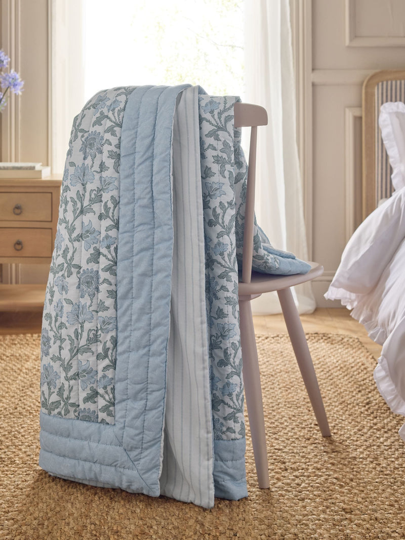 Blue floral quilted bedspread, UK version