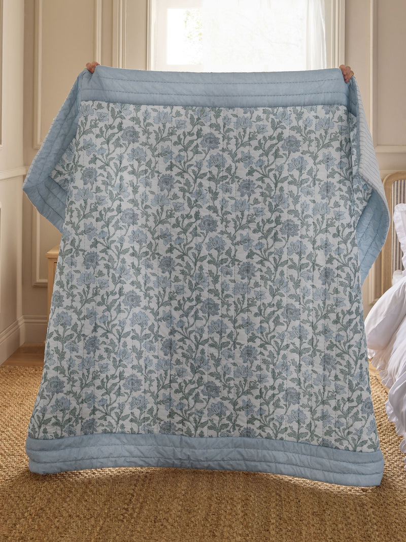 Blue floral quilted bedspread, UK version