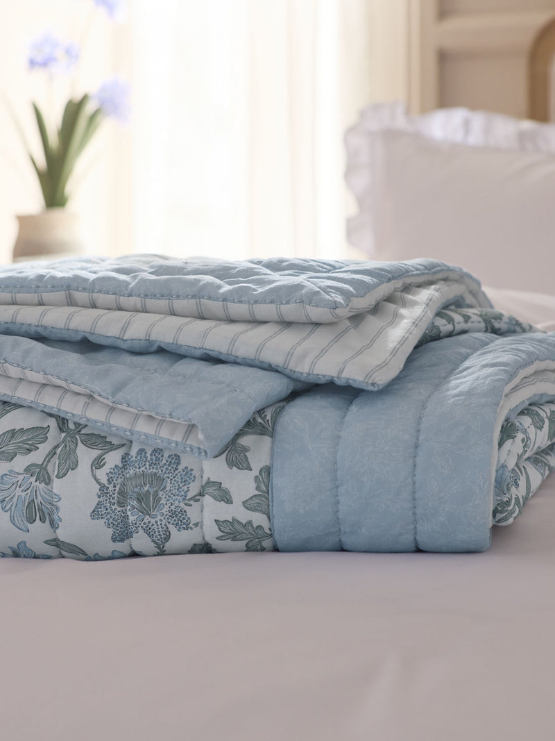 Blue floral quilted bedspread, UK version
