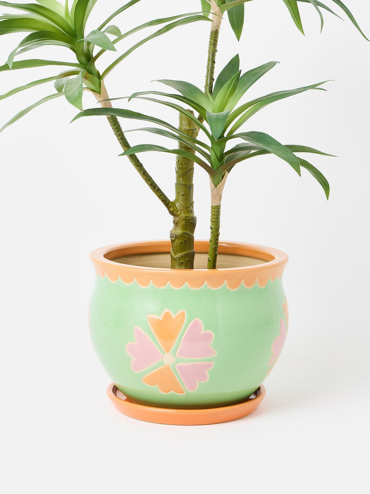 Oliver Bonas Orange Large Flor Ceramic Plant Pot & Dish