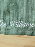 Made Yours Green personalised linen table runner in rosemary green, UK version