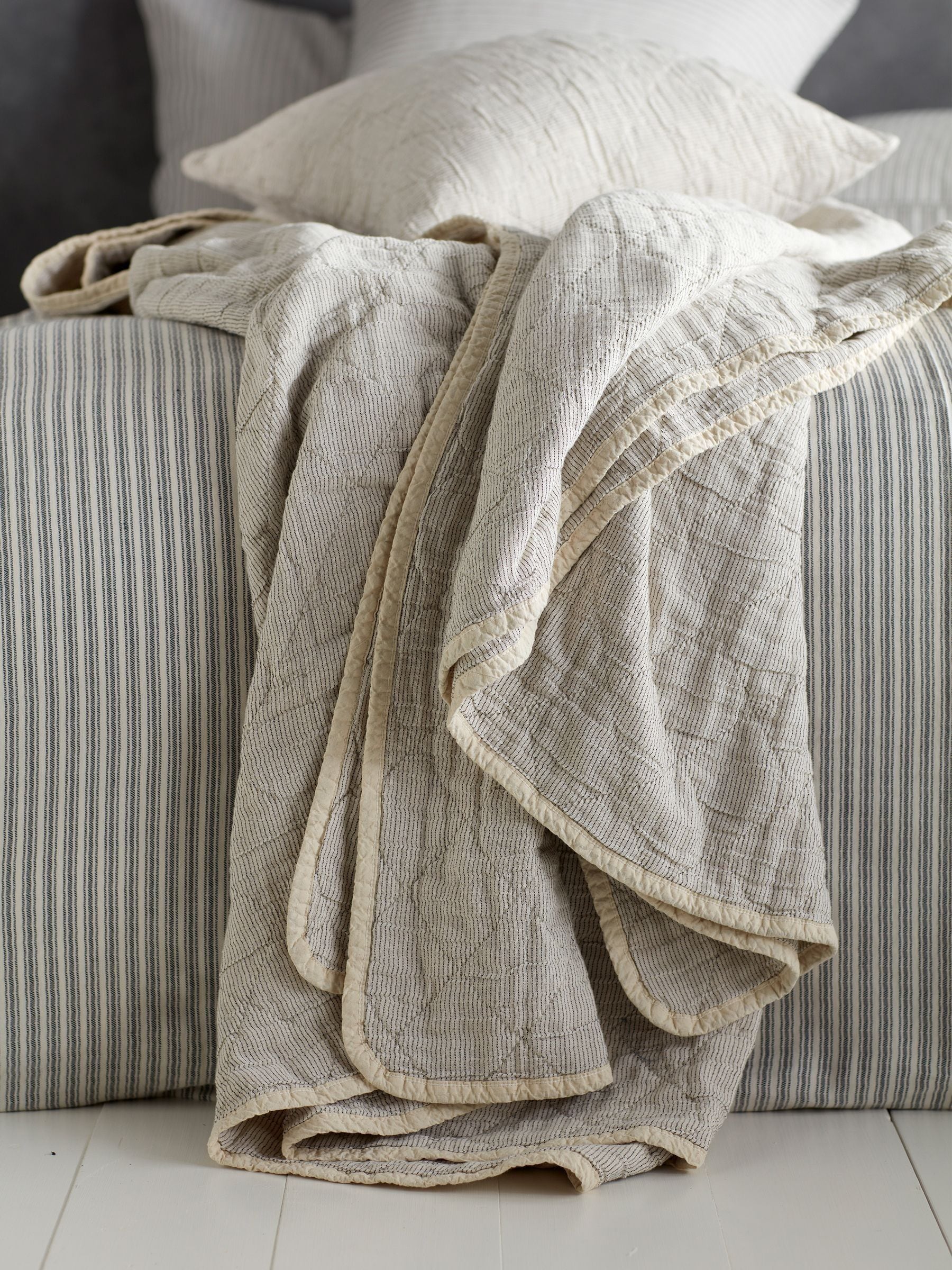 Secret Linen Store black and natural stripe quilted throw (British brand)