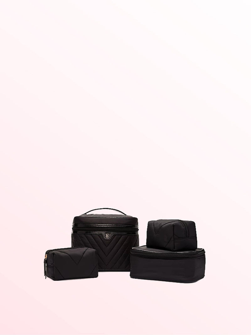 Victoria's Secret Pink and Black Stripe 4 Piece Makeup Bag Set
