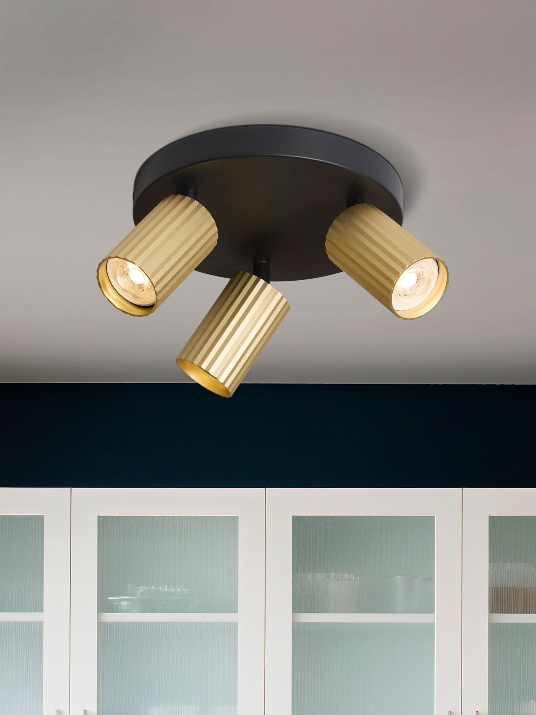 Searchlight black and gold triple fluted spotlight ceiling light - British product