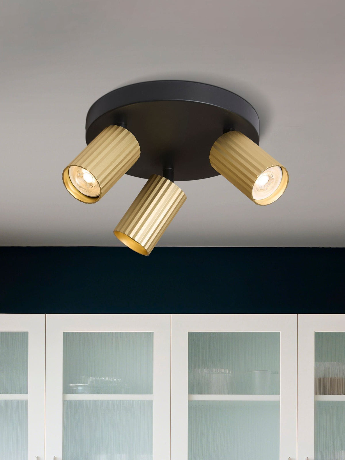 Searchlight black and gold triple fluted spotlight ceiling light - British product