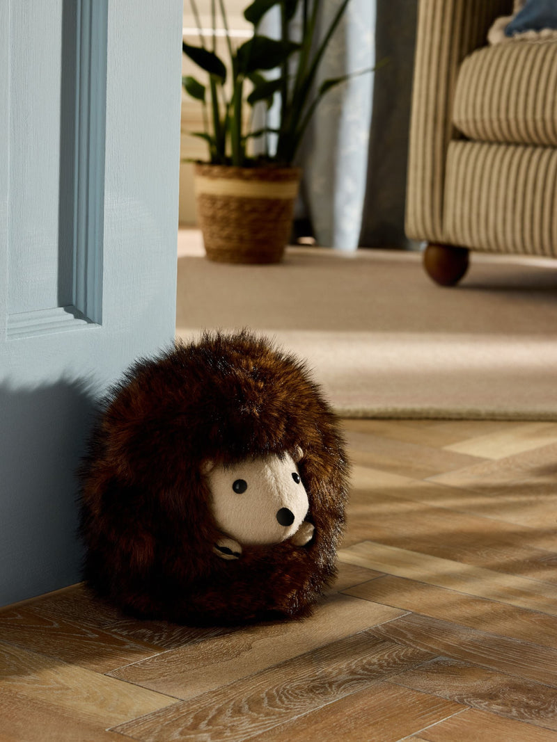 Faux fur hedgehog doorstop, weighted autumn design - UK version