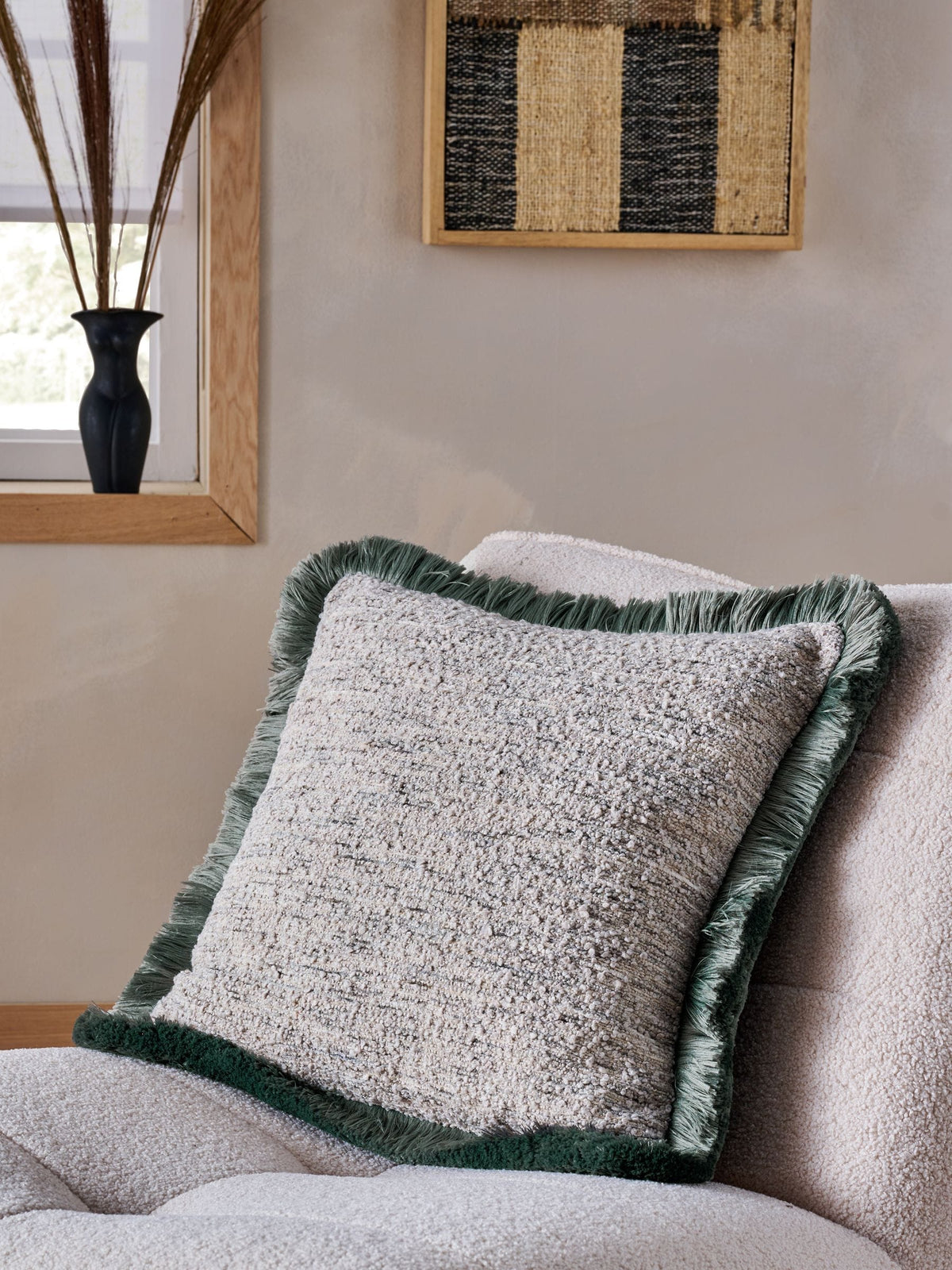 Natural Boucle Fleck Fringe Cushion 50 x 50cm