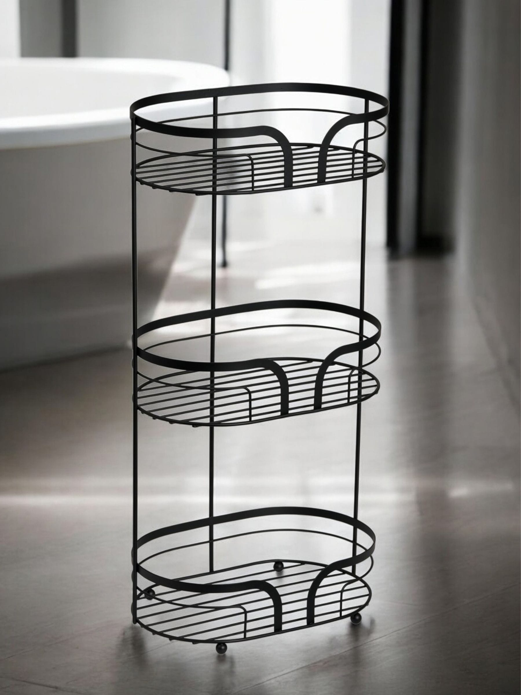 Showerdrape Black Dante floor and shower caddy set, imported from the UK