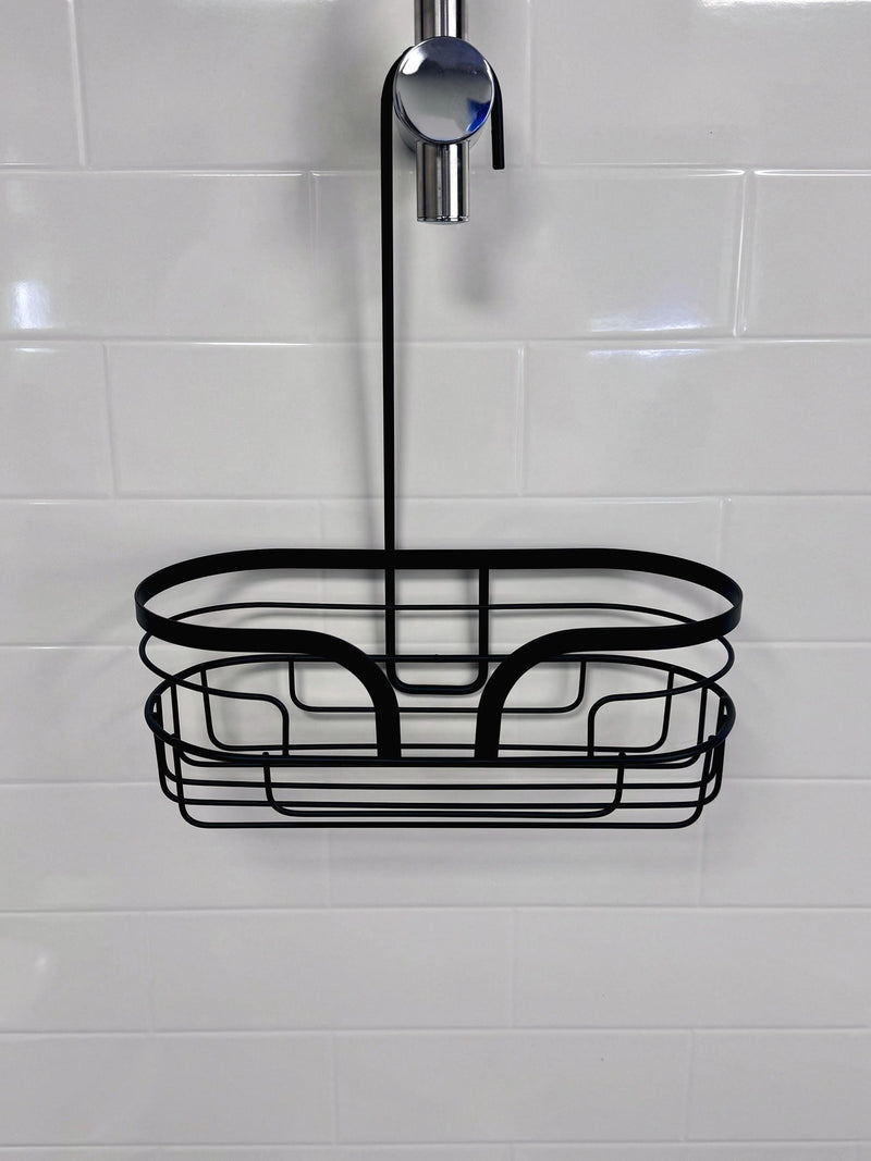 Showerdrape Black Dante floor and shower caddy set, imported from the UK