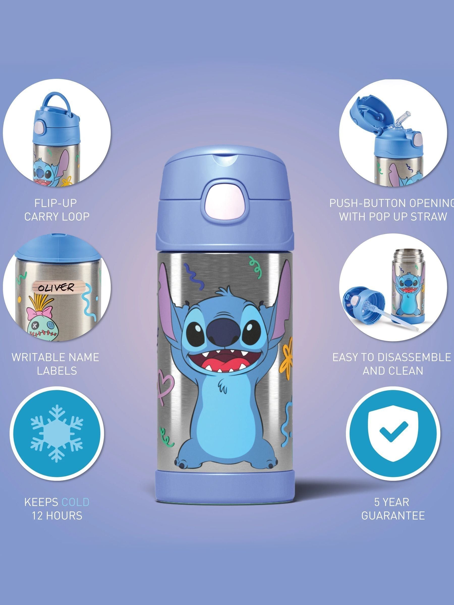 Thermos Funtainer Stitch 355ml bottle, imported from the UK