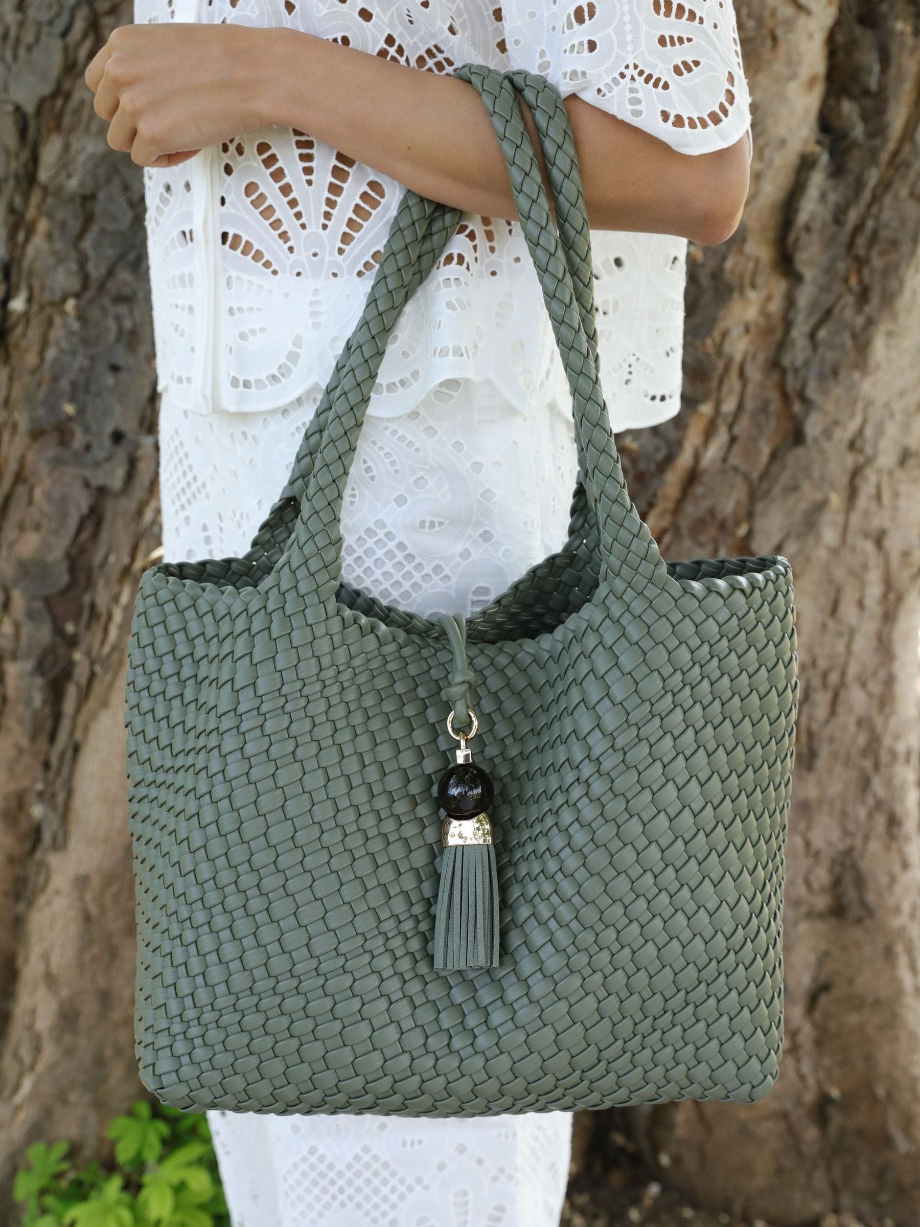 Luella Grey Green Saskia Large Woven Tote