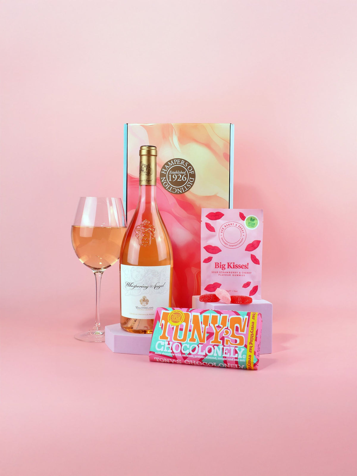 Spicers of Hythe Whispering Angel Rosé gift set with chocolate and sweets, UK version