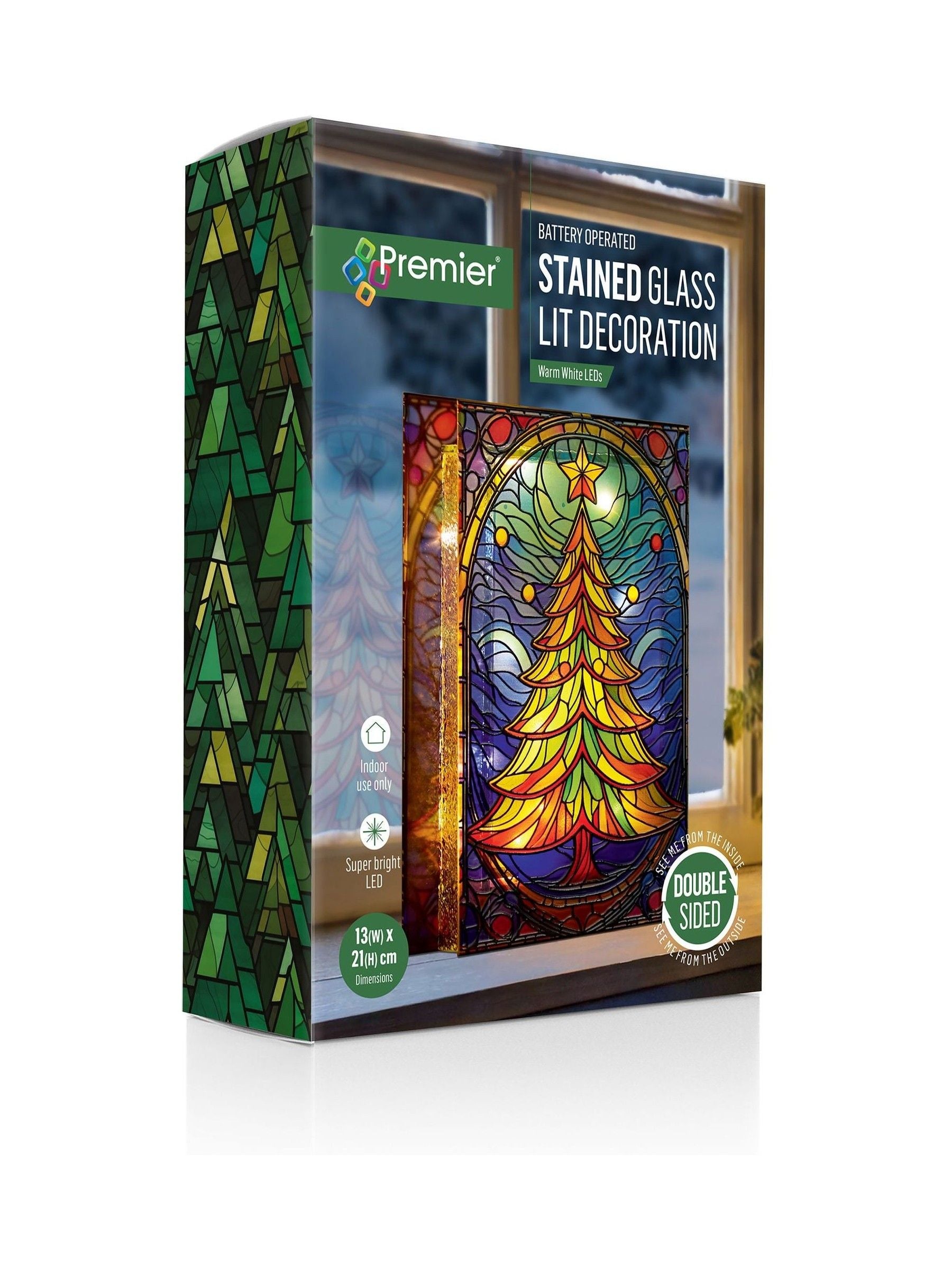 Premier Decorations LED lit stained glass tree ornament 21cm - British product