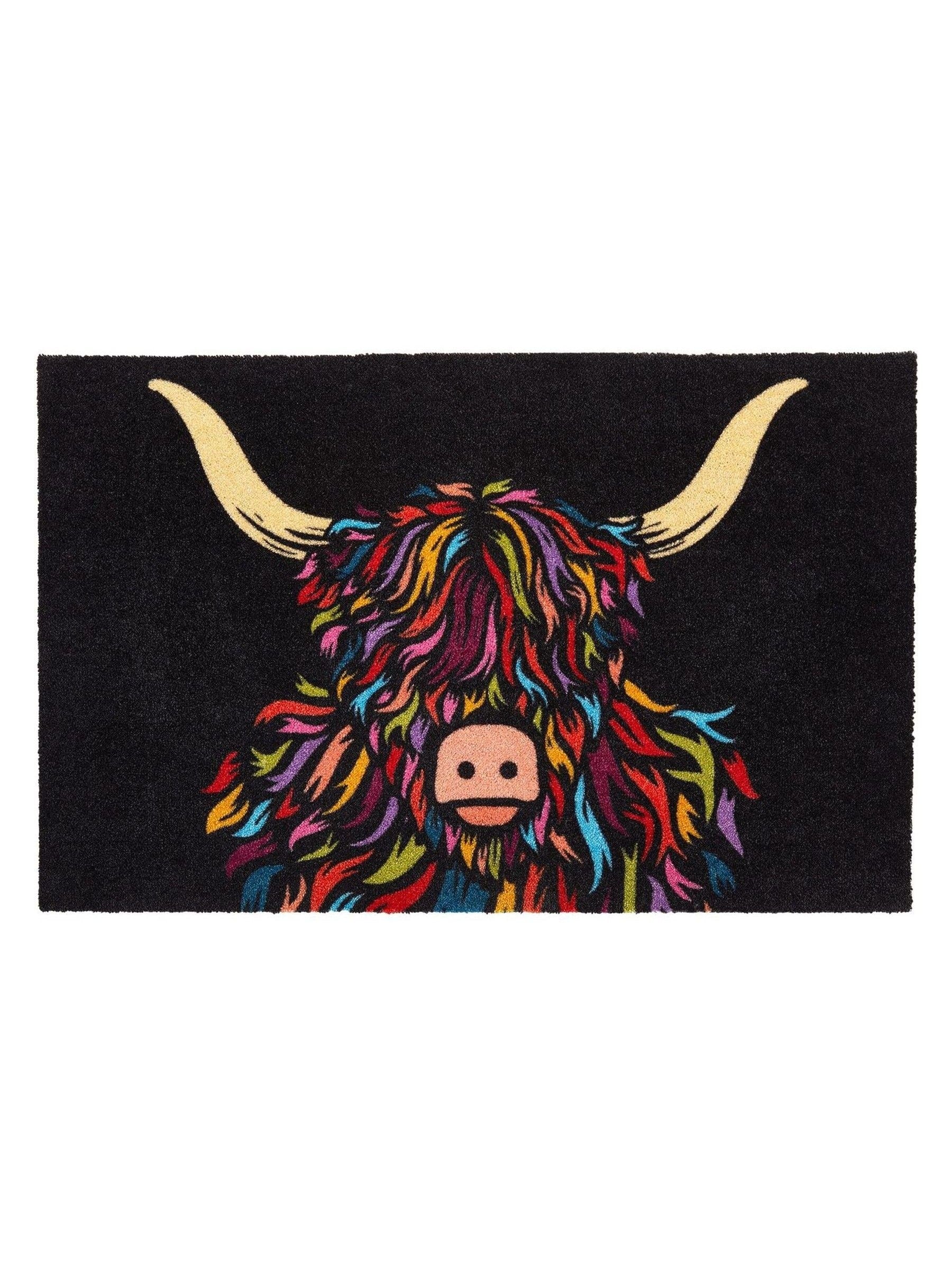 Artsy Mats black Highland cow washable doormat 60x40cm, UK version