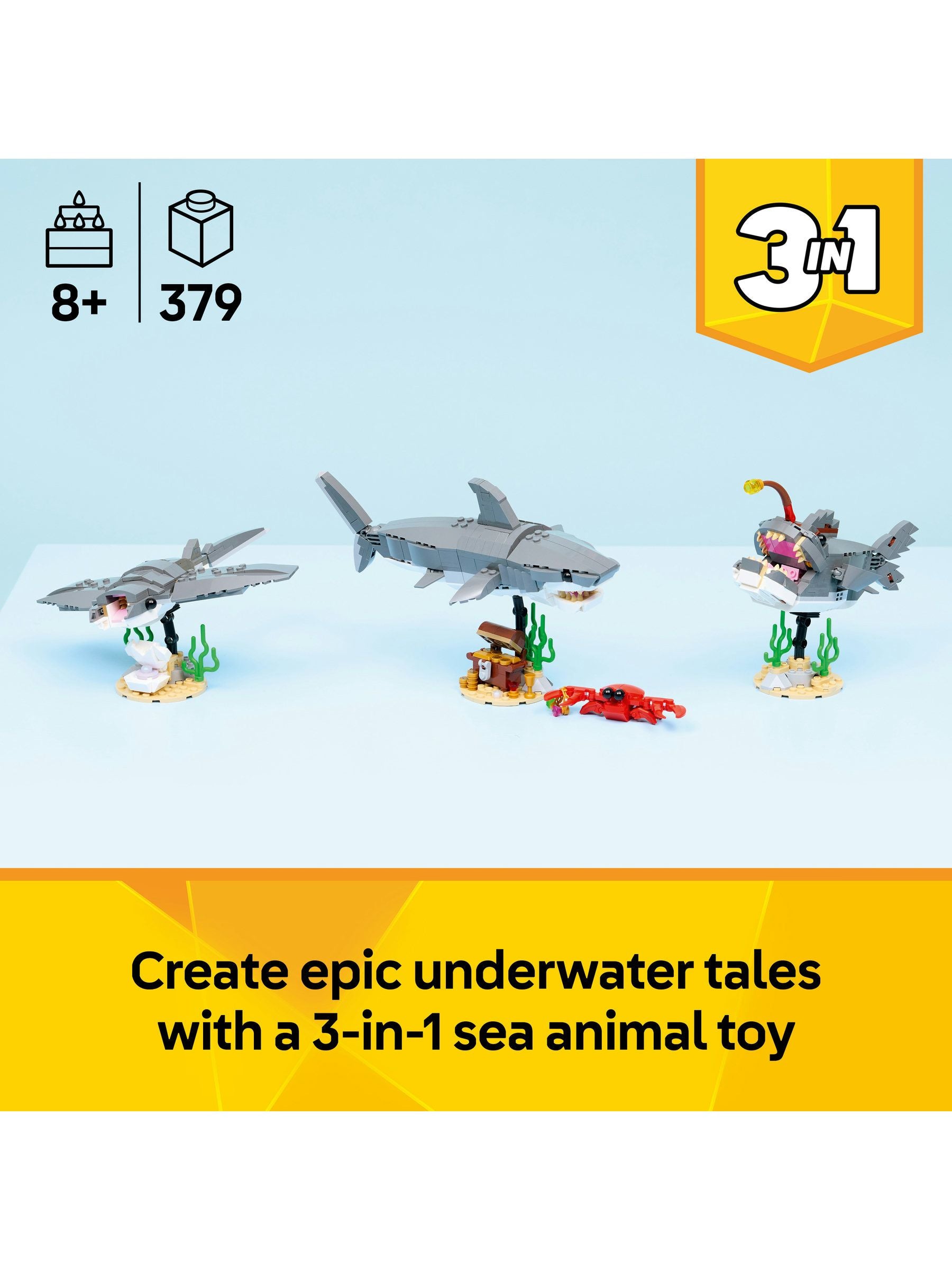 LEGO Creator 3-in-1 Fierce Shark building toy set, imported from the UK