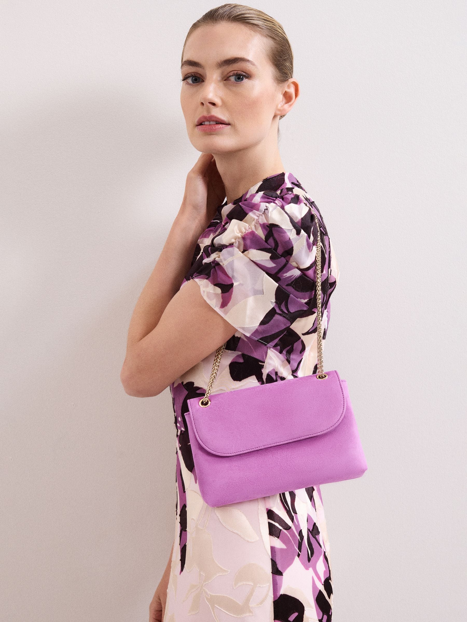Phase Eight purple suede clutch bag with gold chain (British brand)