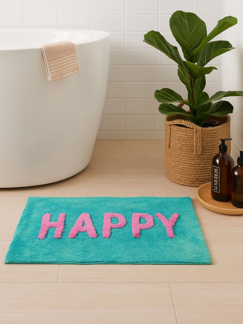 Mooky Mats turquoise pink happy slogan bath mat 50x80cm UK version