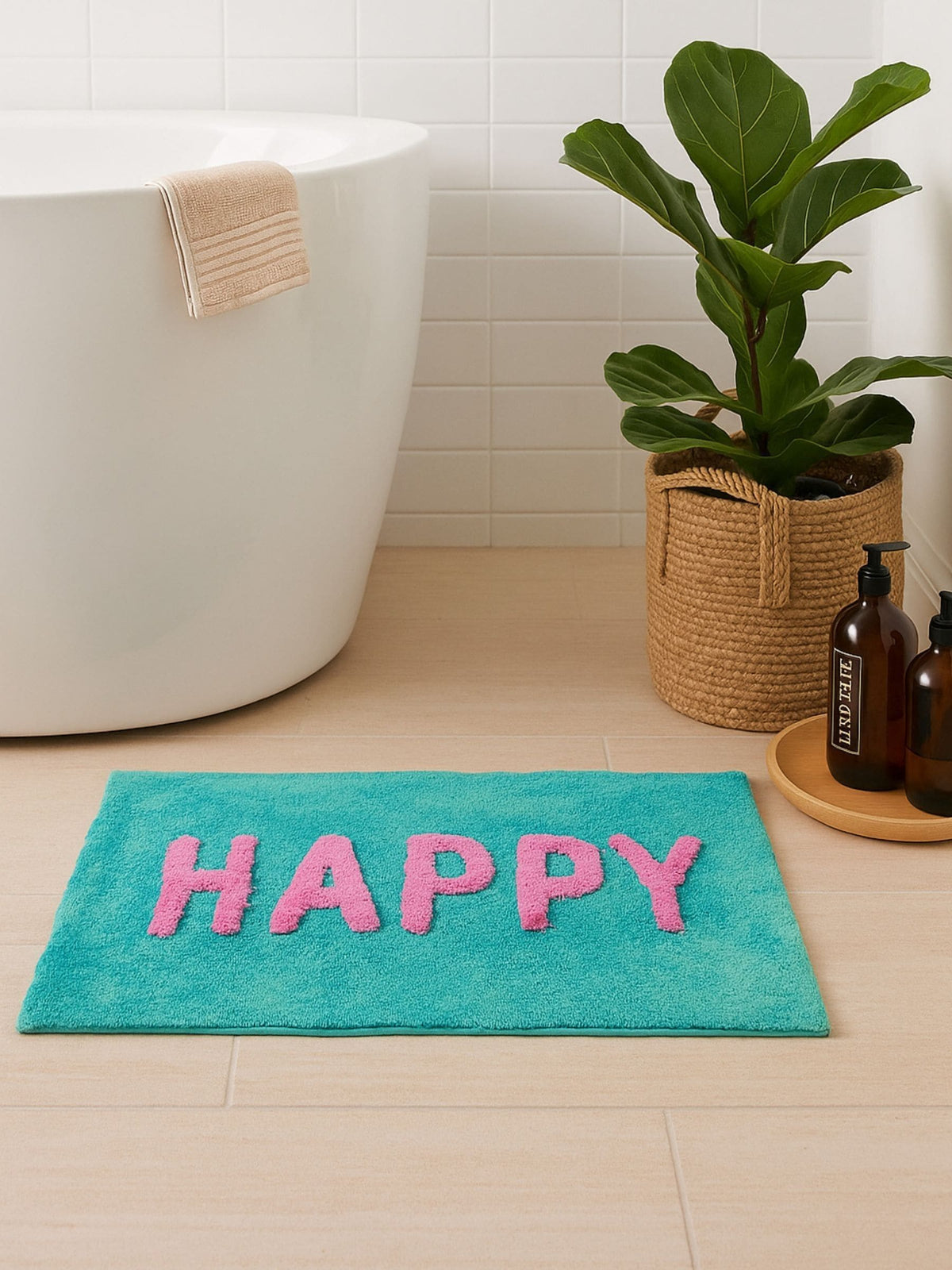 Mooky Mats turquoise pink happy slogan bath mat 50x80cm UK version