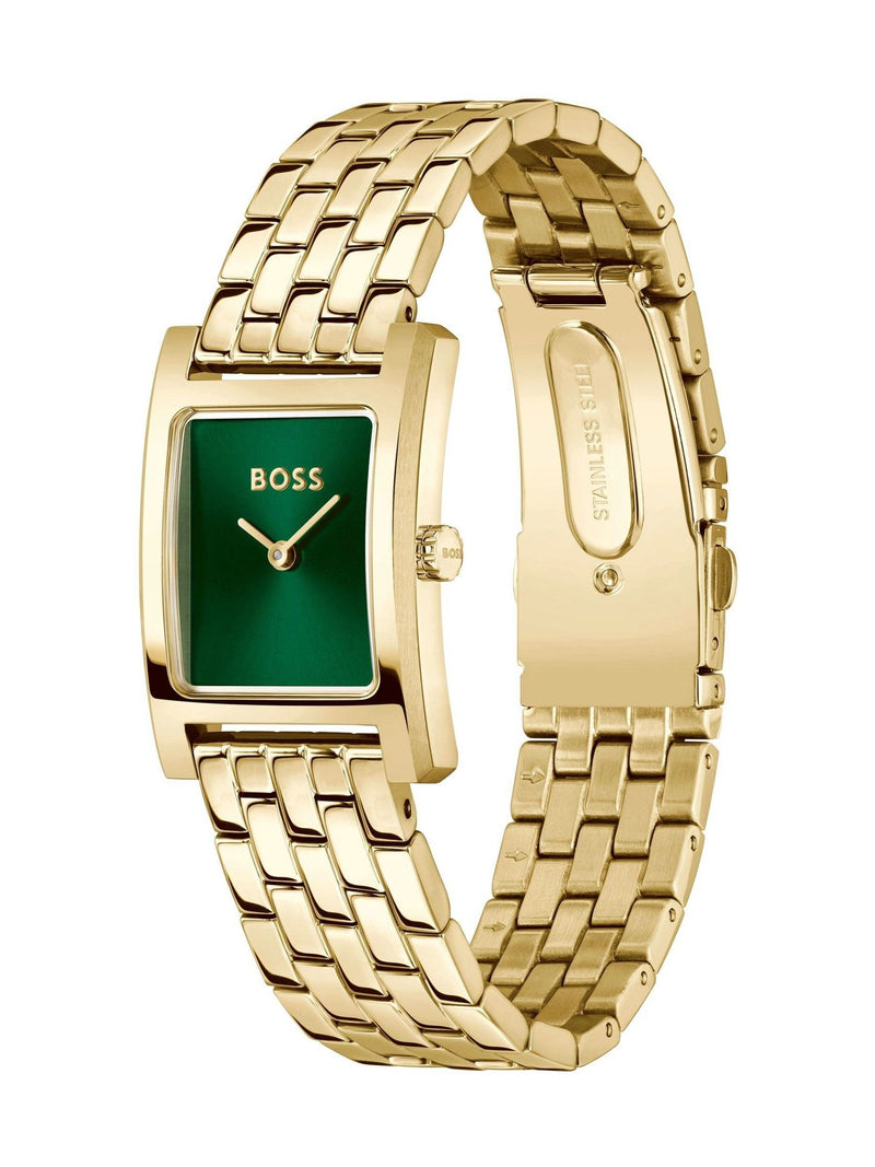 BOSS gold tone tank watch with green dial, imported from the UK