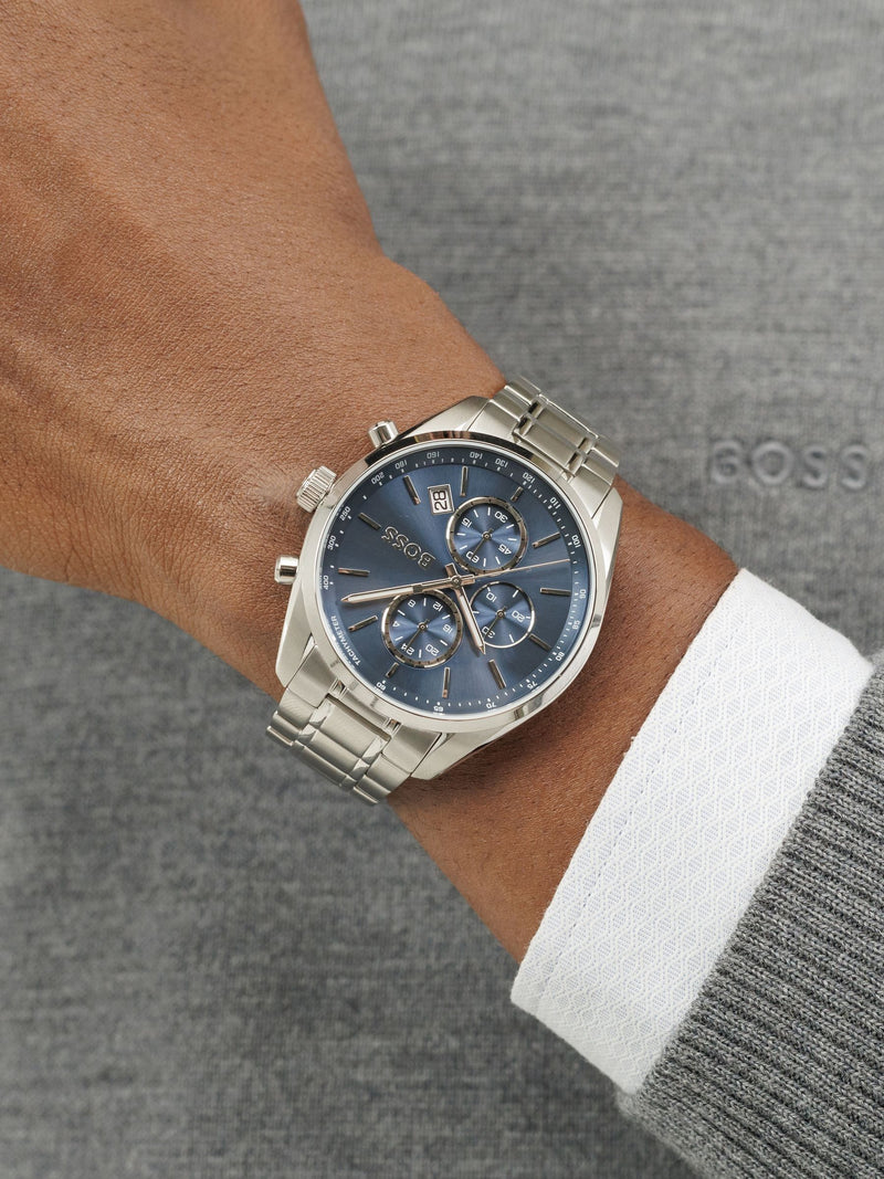 BOSS Grand Prix 44 watch with blue dial and steel bracelet, imported from the UK