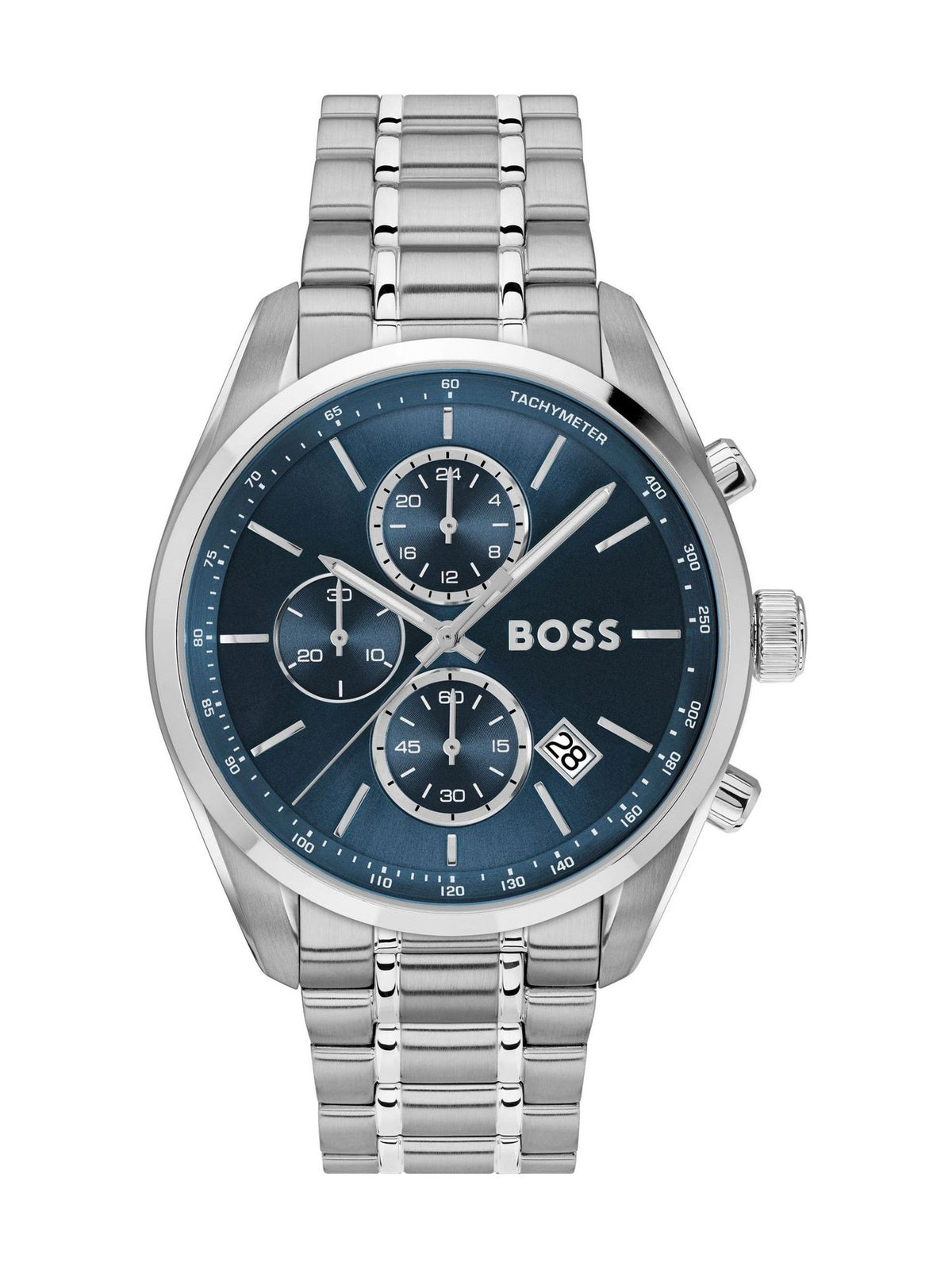 BOSS Grand Prix 44 watch with blue dial and steel bracelet, imported from the UK