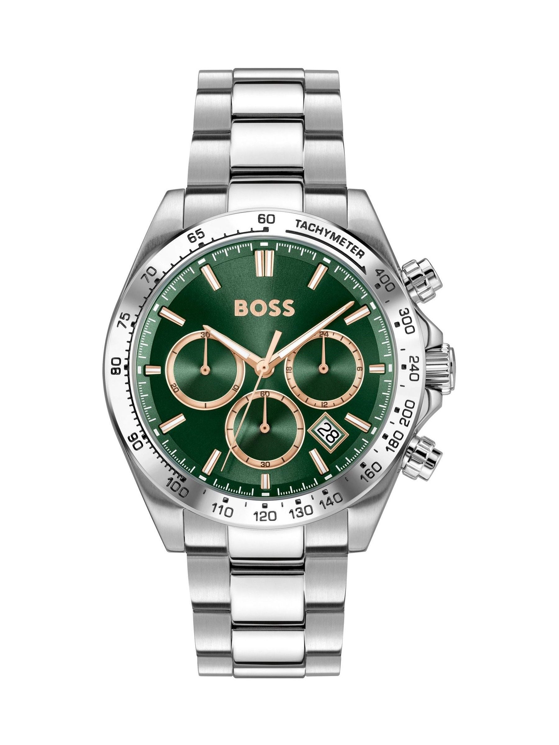 BOSS Hero stainless steel bracelet watch with green dial, UK version