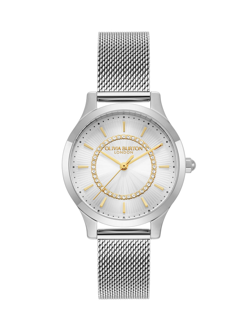 Olivia Burton Wonderlust 30mm silver watch stainless steel mesh bracelet, UK version