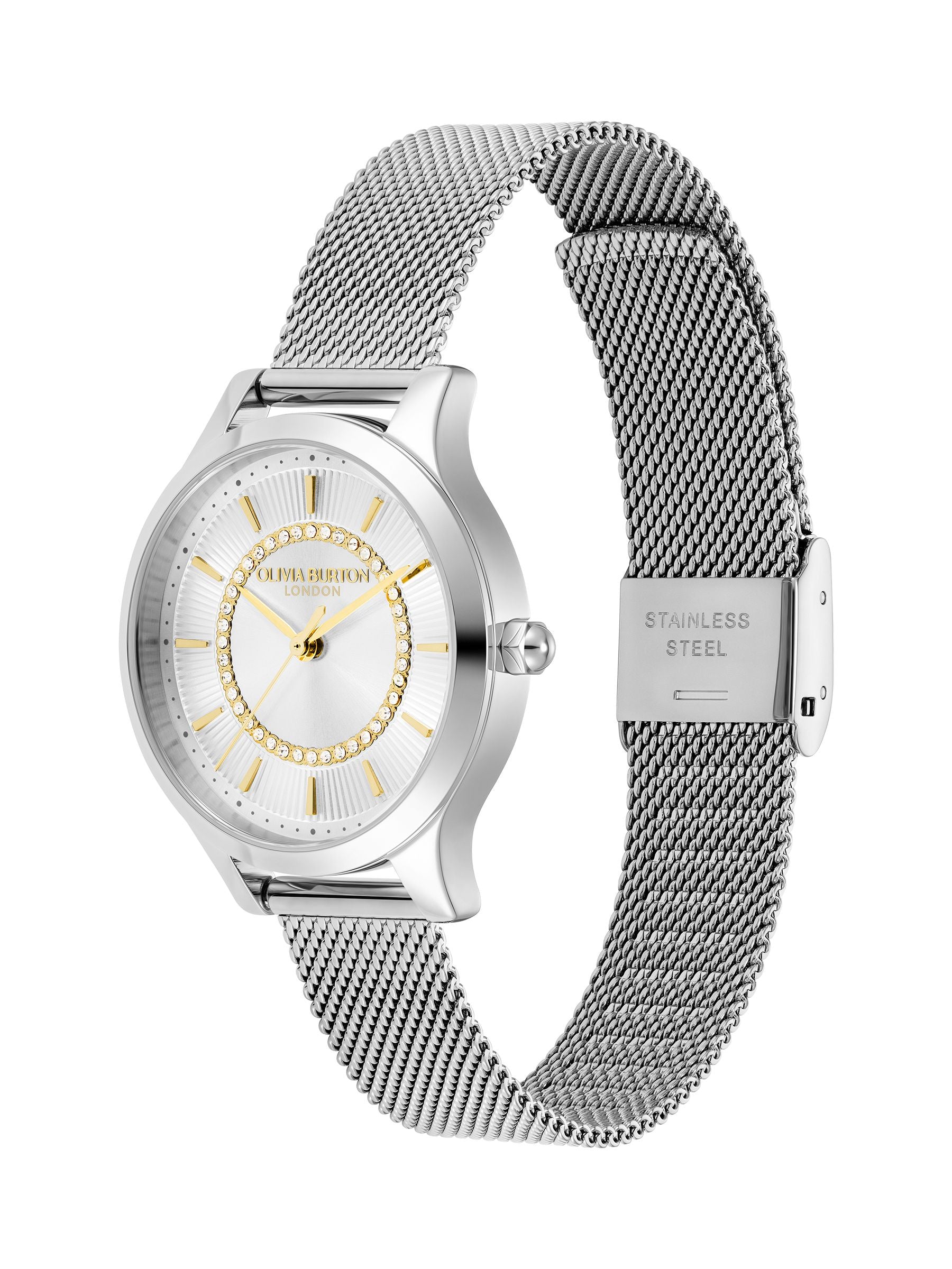 Olivia Burton Wonderlust 30mm silver watch stainless steel mesh bracelet, UK version