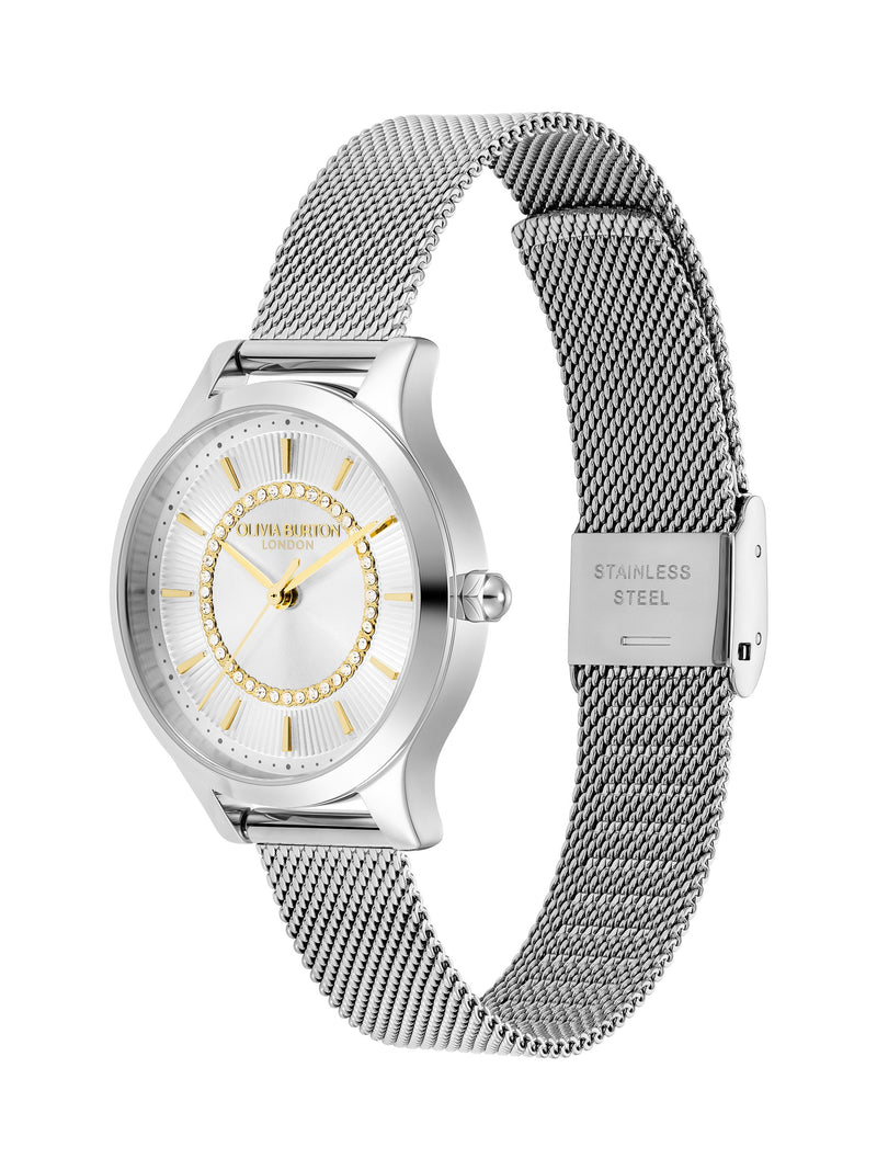 Olivia Burton Wonderlust 30mm silver watch stainless steel mesh bracelet, UK version