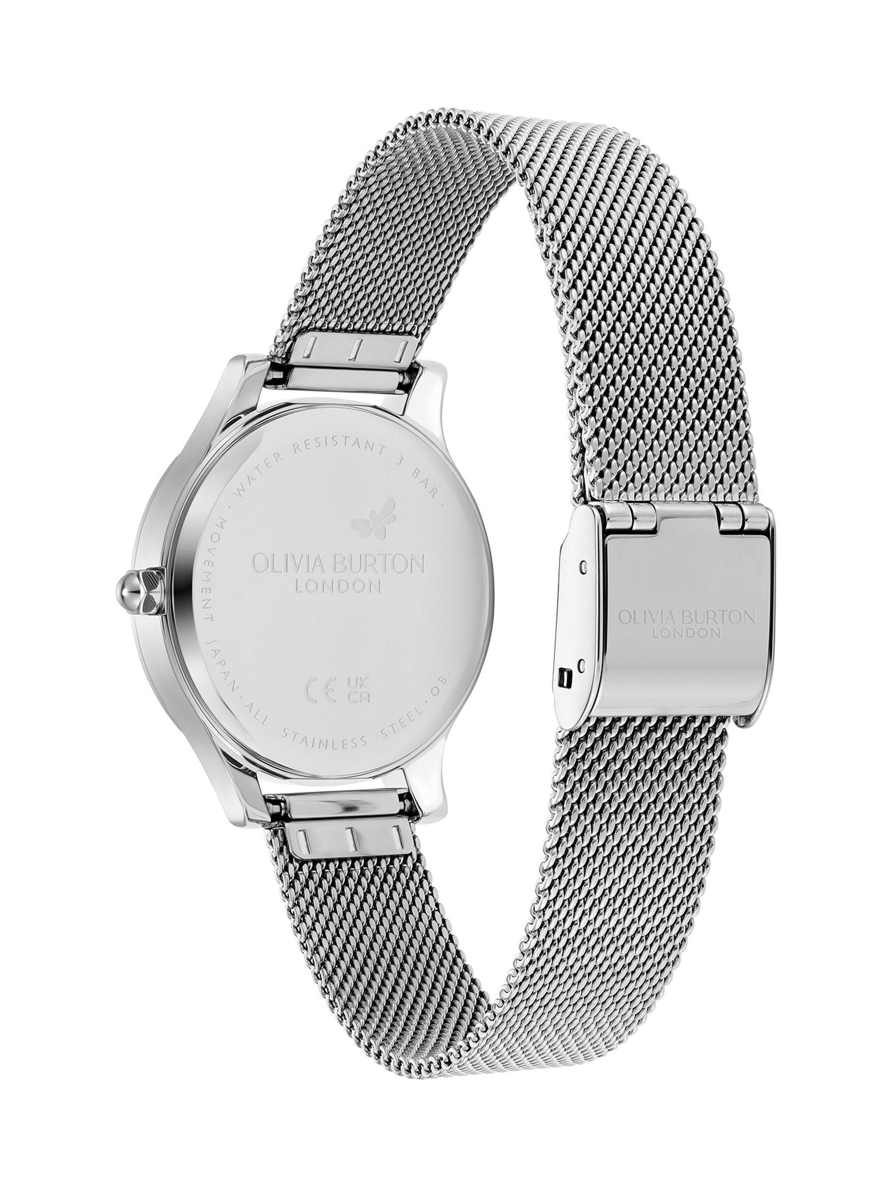 Olivia Burton Wonderlust 30mm silver watch stainless steel mesh bracelet, UK version