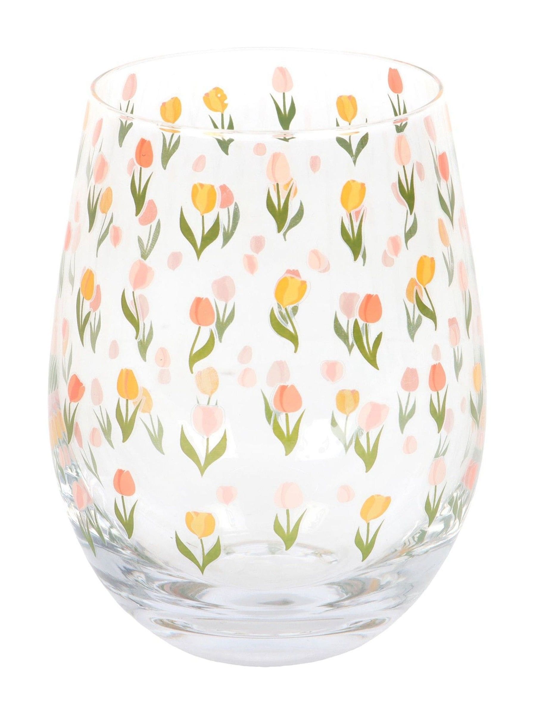 Something Different clear tulip print stemless glass 450ml, imported from the UK
