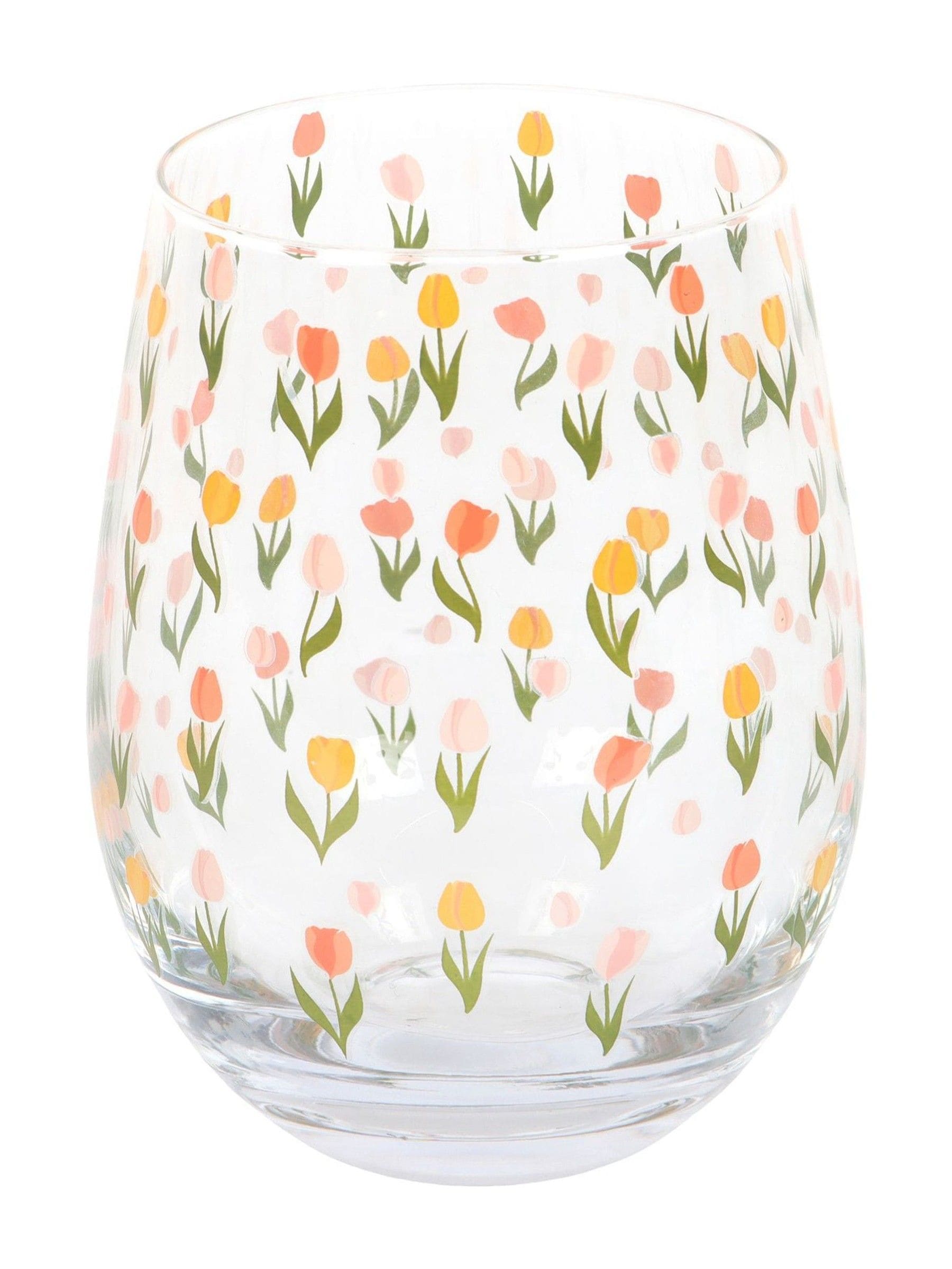 Something Different clear tulip print stemless glass 450ml, imported from the UK