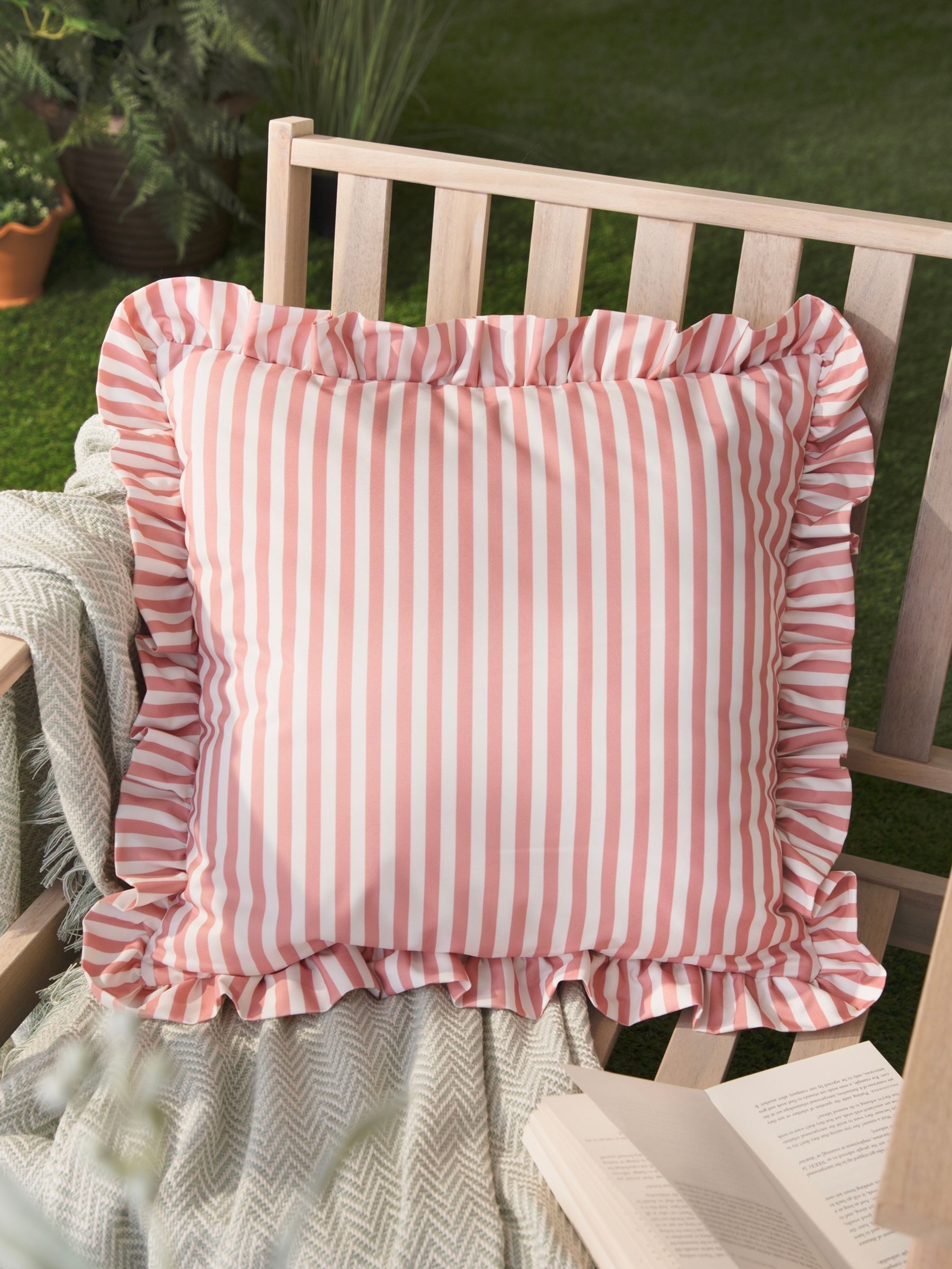 Wylder Pink Millie ruffle striped outdoor cushion 50x50cm, UK version