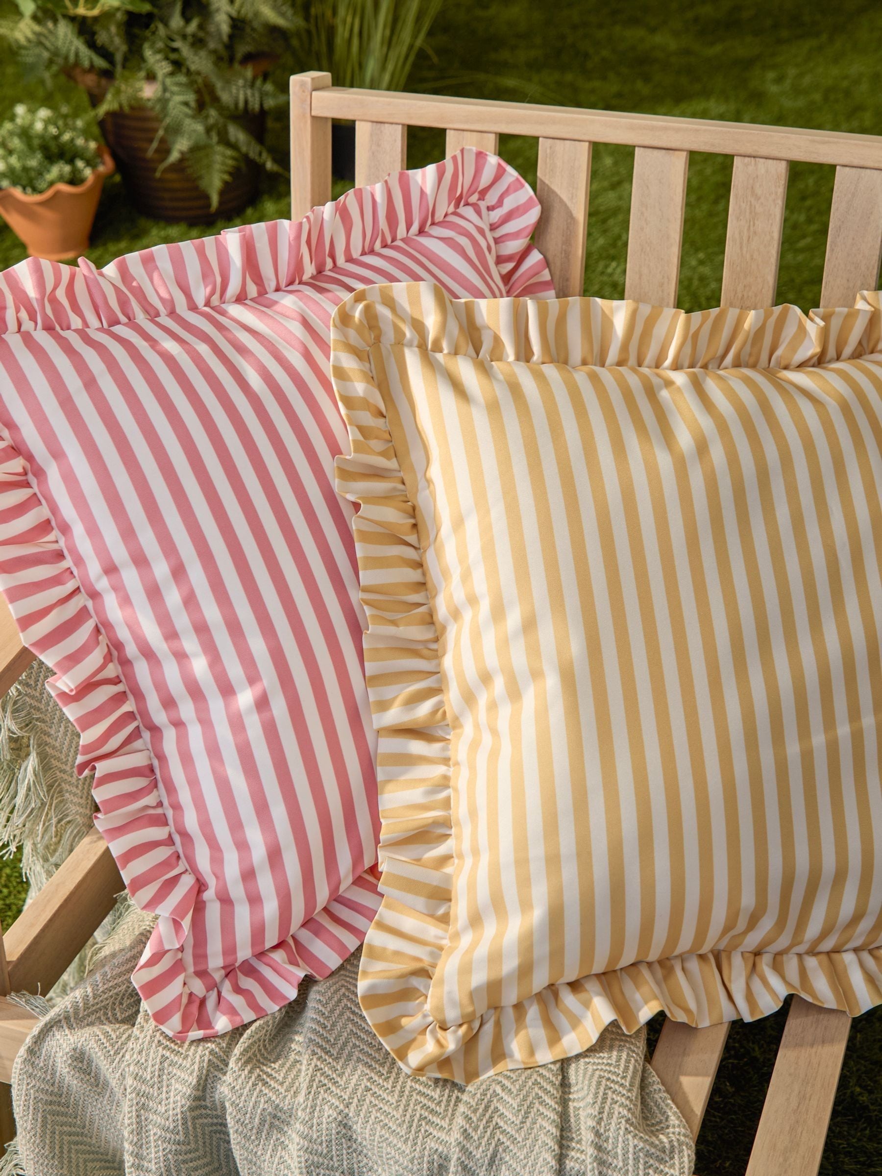 Wylder Pink Millie ruffle striped outdoor cushion 50x50cm, UK version