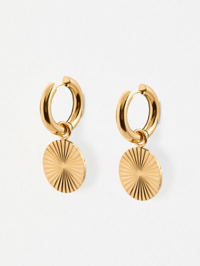 Next Oliver Bonas Gold Tone Stainless Steel Waterproof Etched Disc Drop Earrings- Buy online at McGrocer