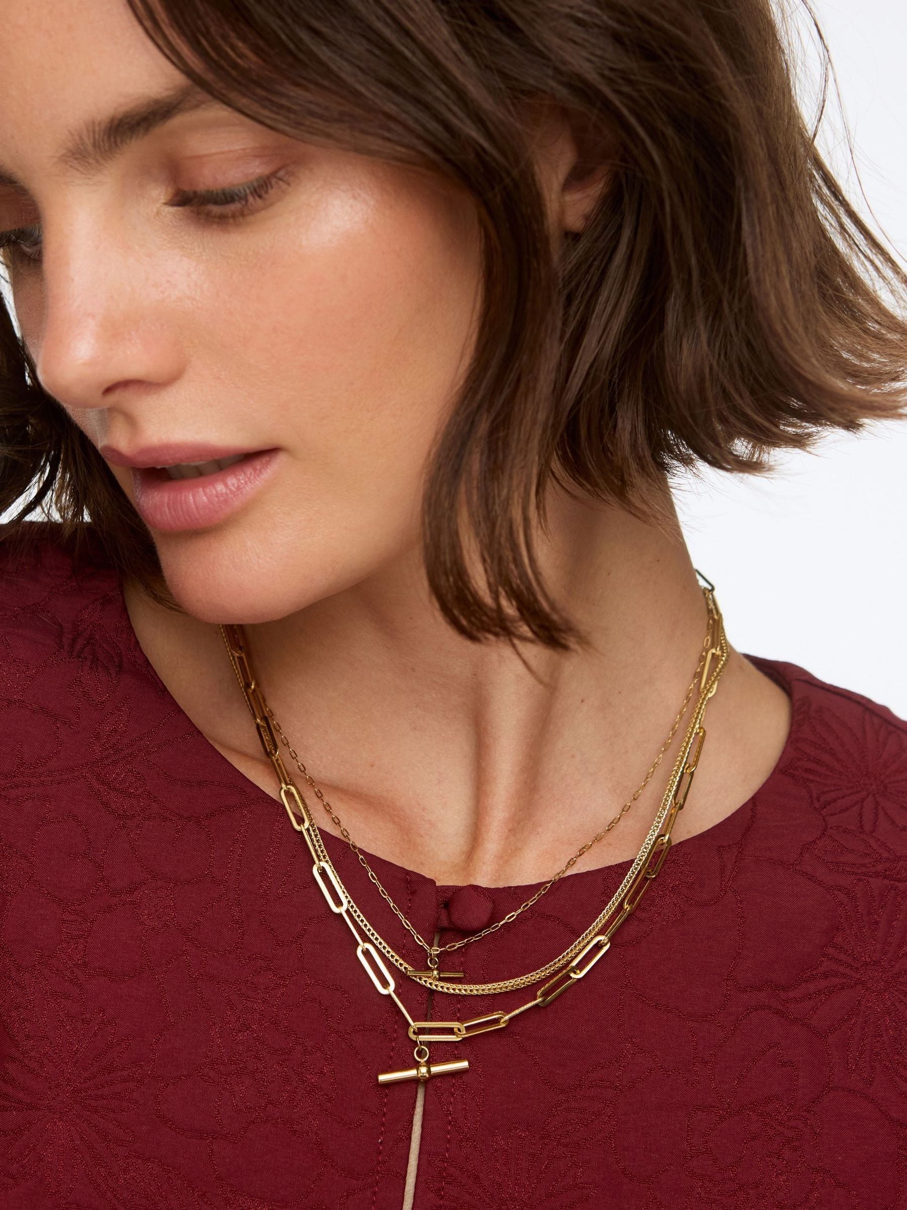 Oliver Bonas gold tone T-bar pendant layered necklace - British product