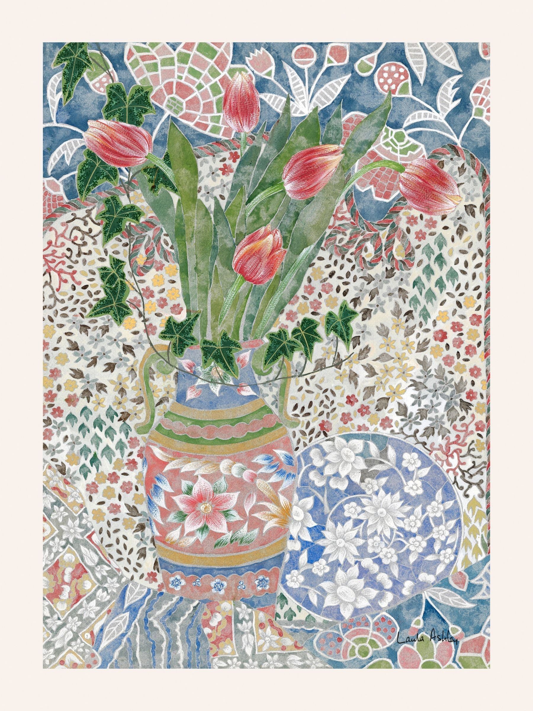 Laura Ashley Blue Abstract Tulips medium wall art frame (British brand)