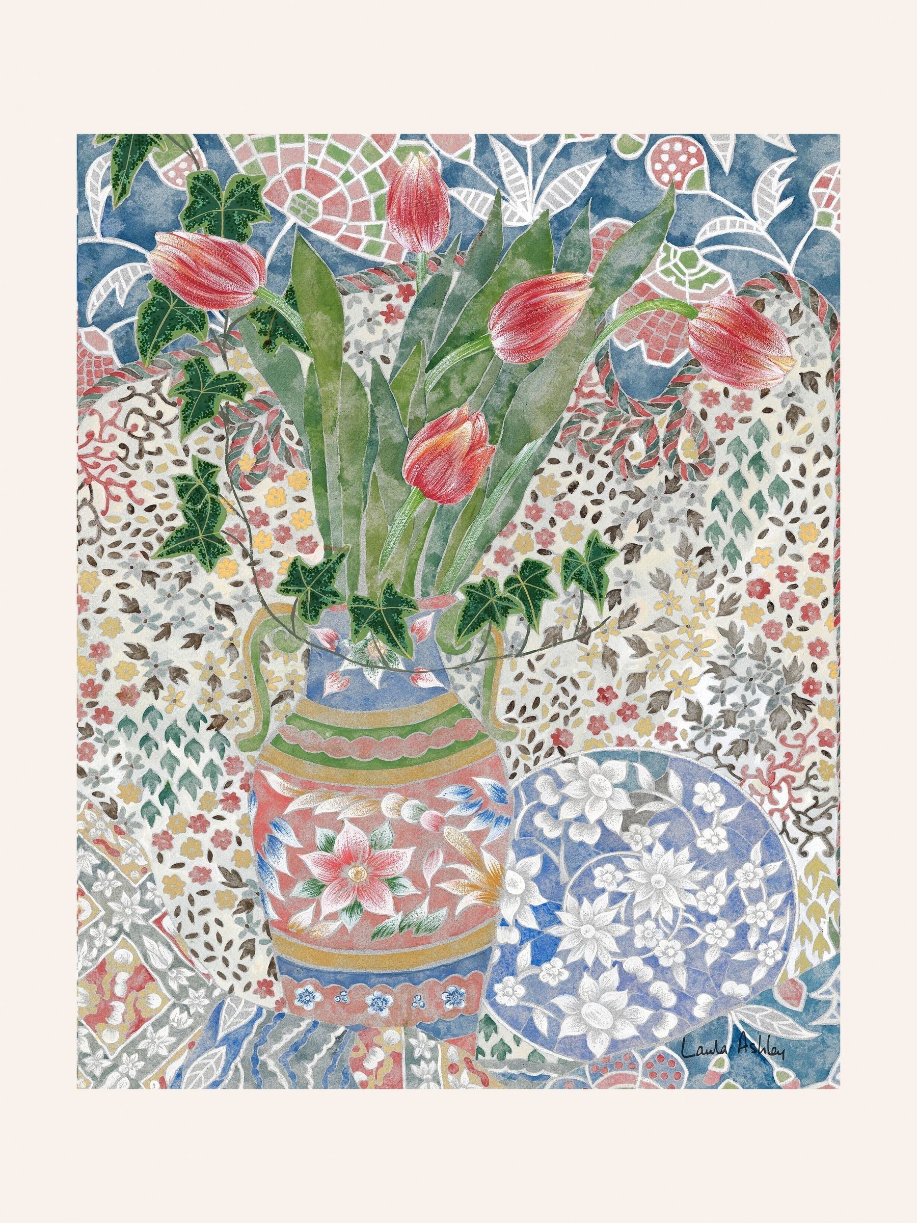 Laura Ashley Blue Abstract Tulips medium wall art frame (British brand)