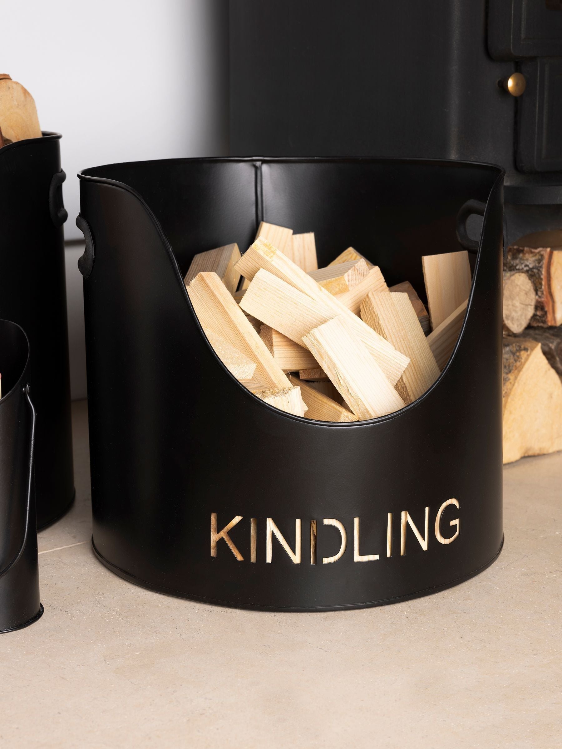 Snug Black Hickory Fireside Set with log and kindling buckets (British brand)